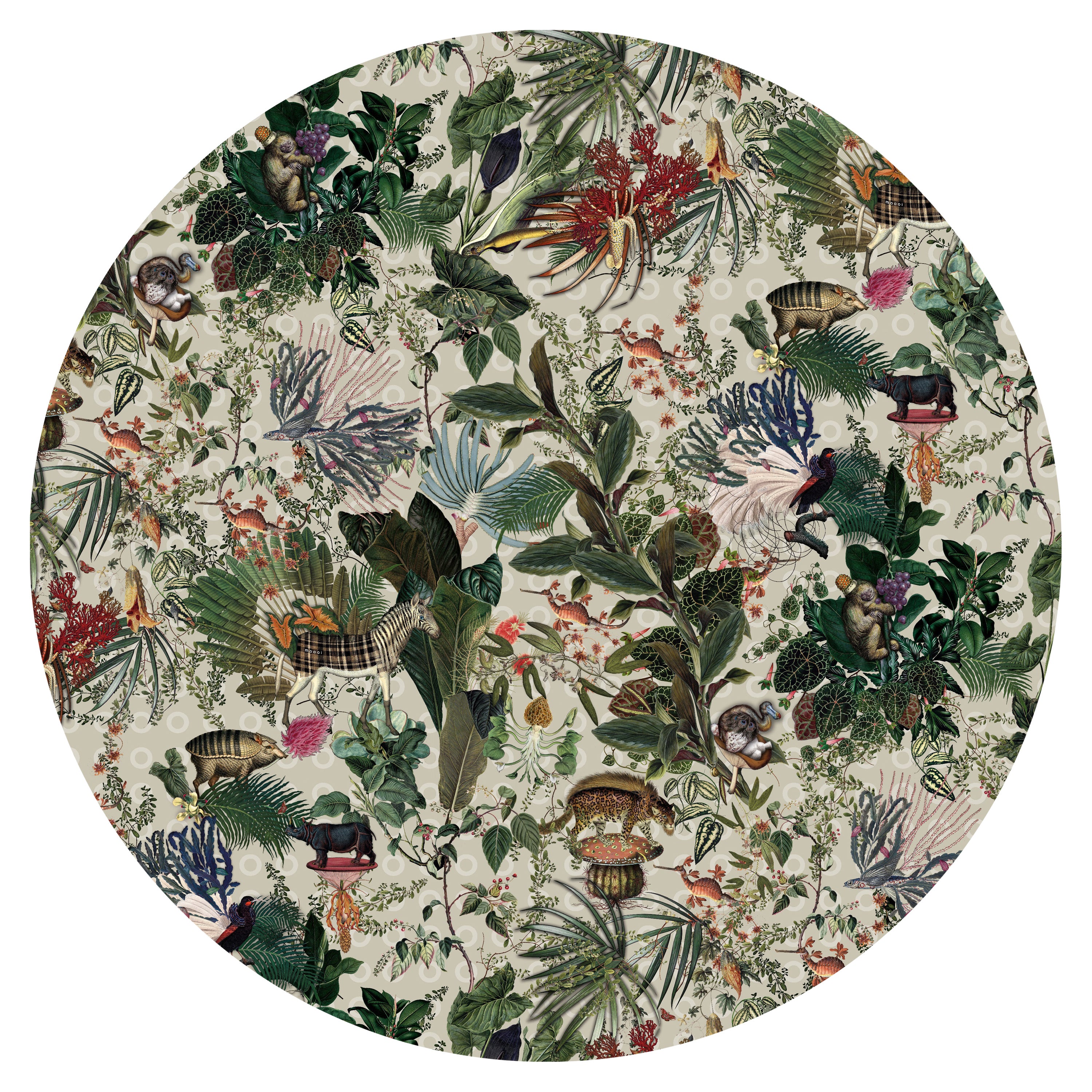 Moooi - Grand tapis rond ivoire « Menagerie of Extinct Animals » en polyamide à poils bas en vente
