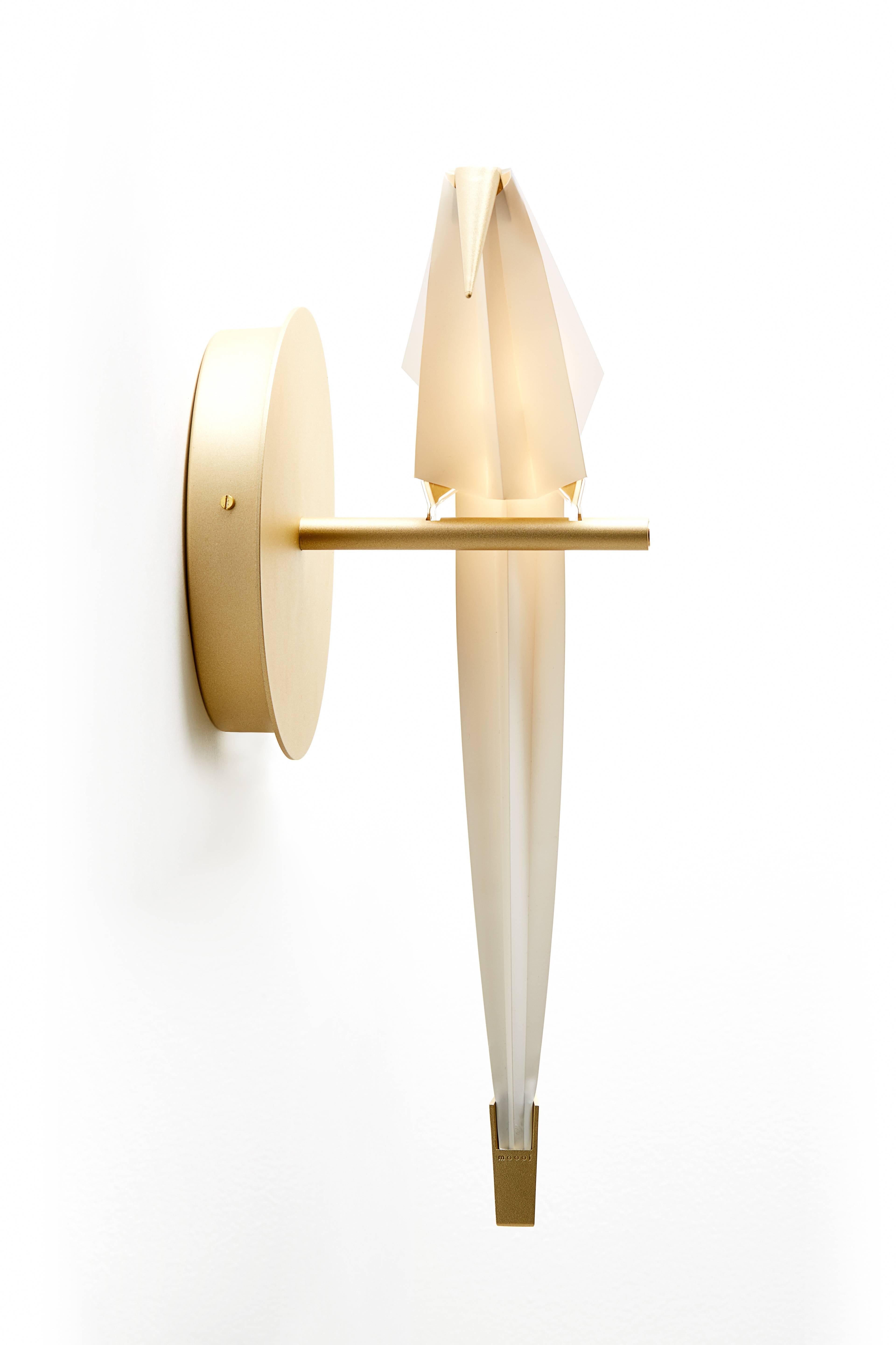 Aluminum Moooi Perch LED Wall Sconce Light in Brass with Large White Bird For Sale