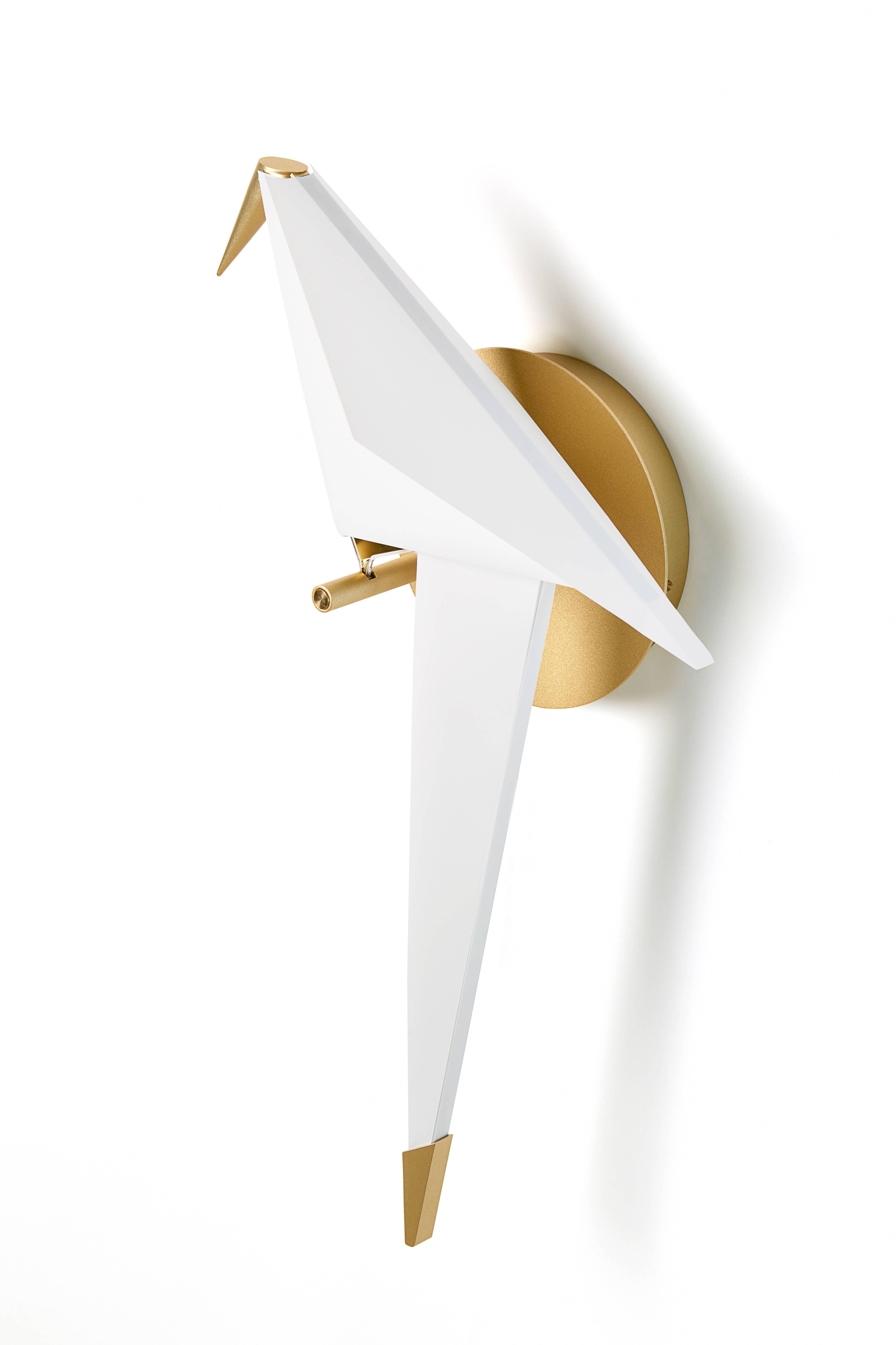 Aluminum Moooi Perch LED Wall Sconce Light in Brass with Small White Bird For Sale