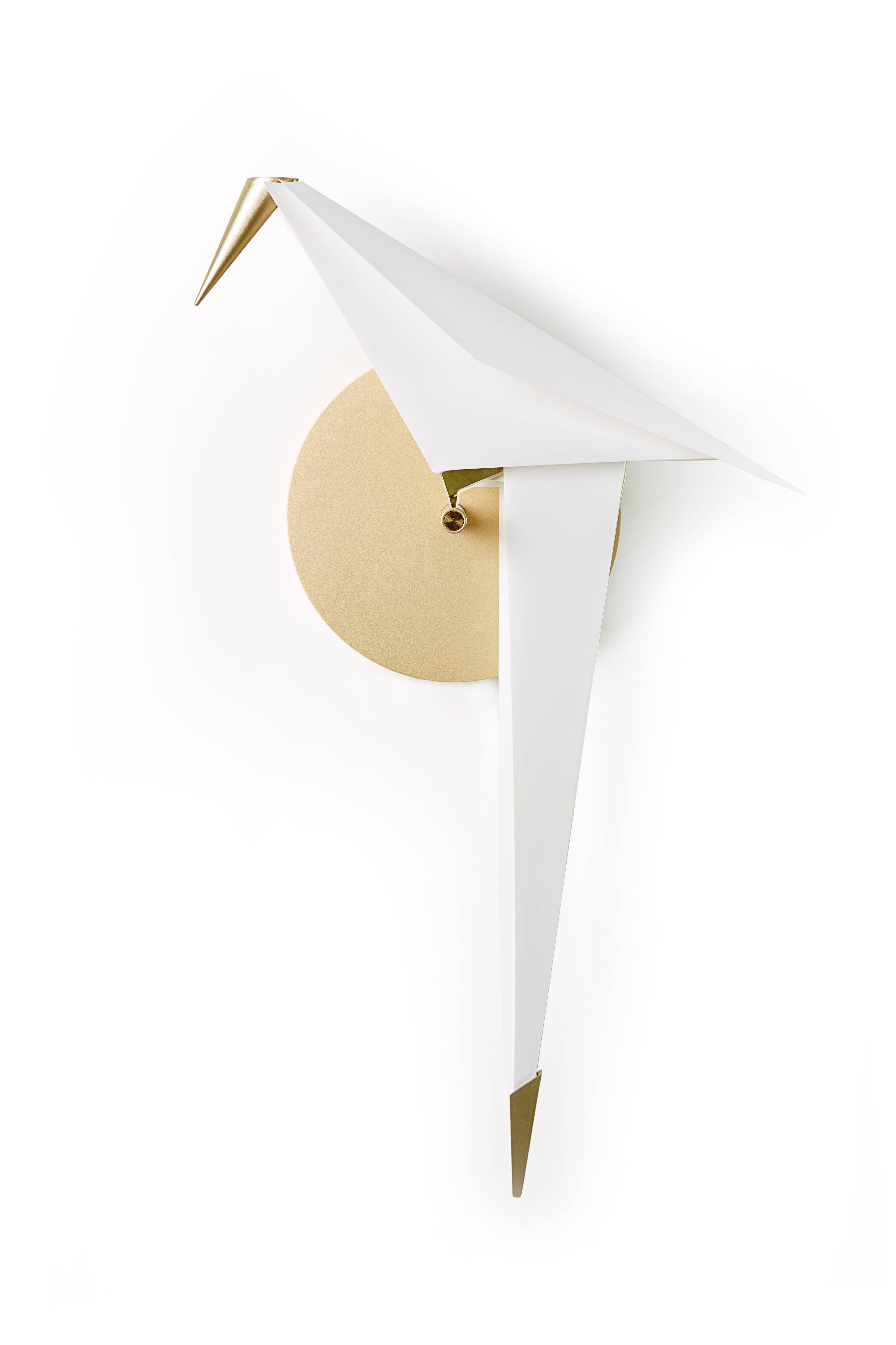 Moooi Perch LED Wall Sconce Light in Brass with Small White Bird In New Condition For Sale In Rhinebeck, NY