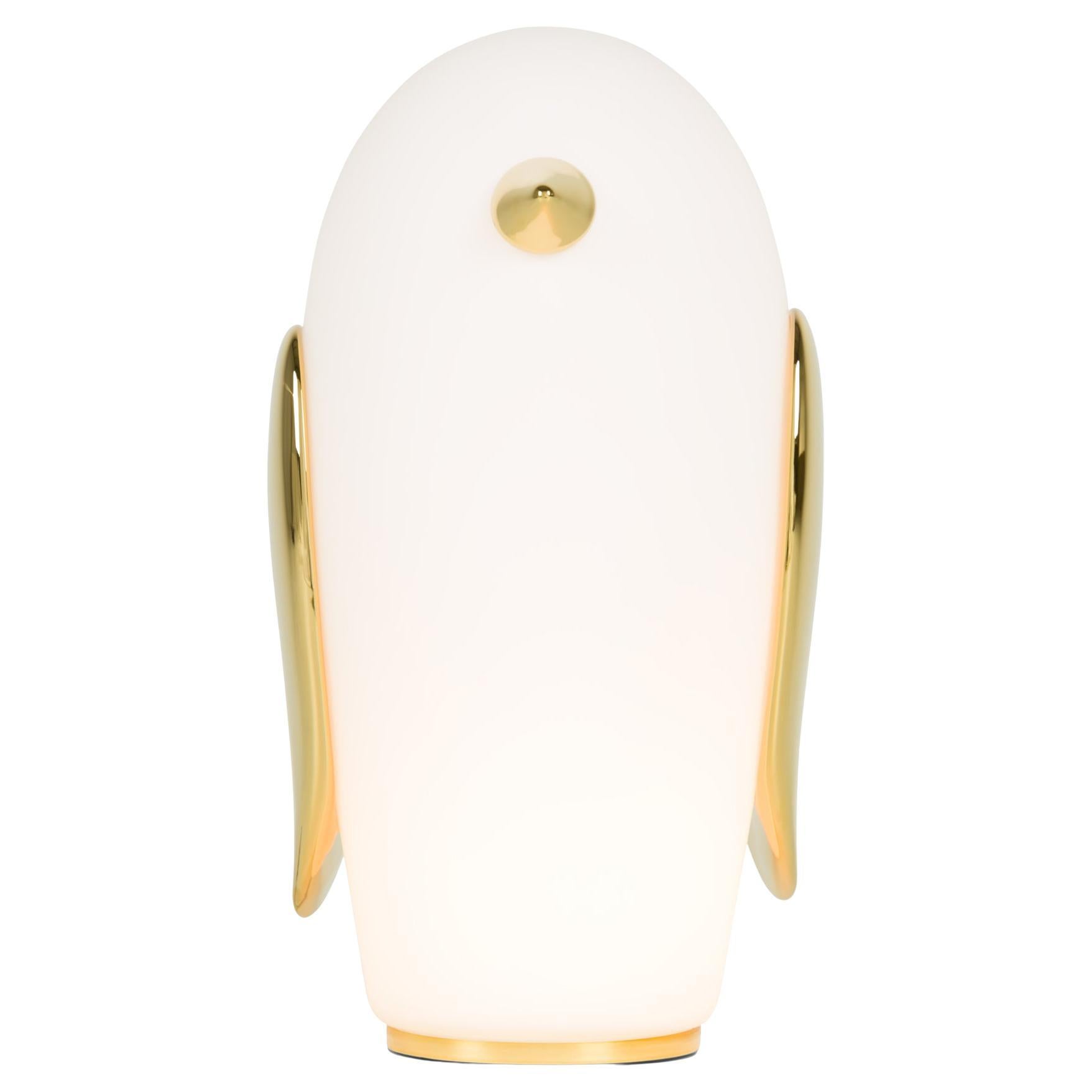 Moooi Pet Noot Noot Penguin Table Lamp in Matt White Glass with Golden Elements For Sale