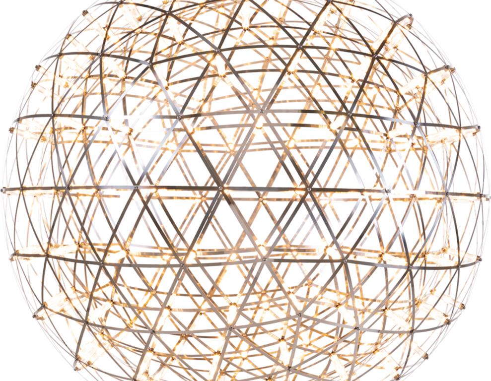 The Raimond Tensegrity is a floor lamp made from elegant metal, complemented with the sturdy earthiness of wood. Tensegrity is a term that was first described by Buckminster Fuller as an architectural term. It refers to the interconnected wooden