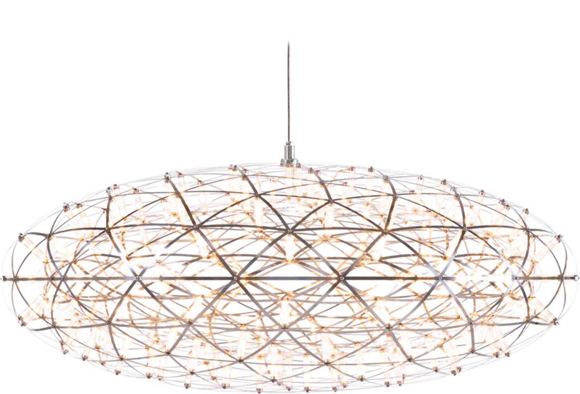 The Raimond Zafu creates an extra-terrestrial effect with its elliptical shape and tiny LED-lights. Like its spherical family members, the Raimond Zafu is made from the same elegant metal strips and mathematical ingredients. The name Zafu comes from