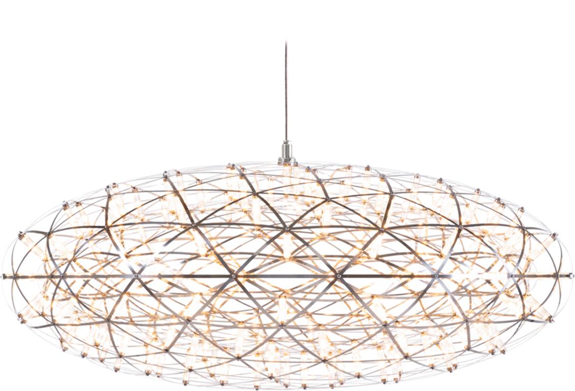 Il Raimond Zafu crea un effetto extra-terrestre con la sua forma ellittica e le sue piccole luci LED. Come i suoi familiari sferici, il Raimond Zafu è realizzato con le stesse eleganti strisce di metallo e ingredienti matematici. Il nome Zafu deriva