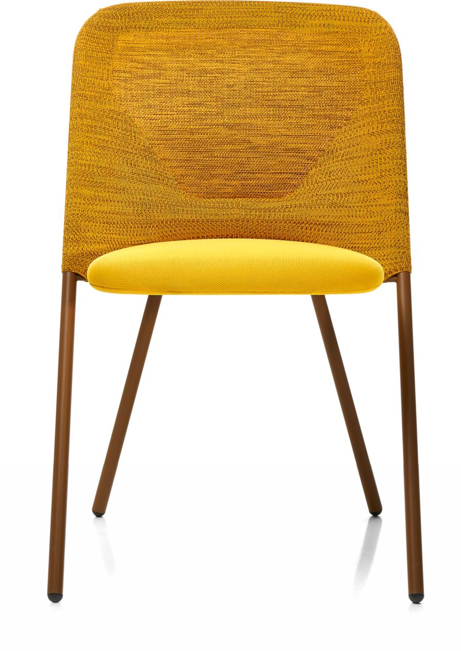 Dutch Moooi Shift Dining Chair with Warm Ochre Steel Frame and Knitted Backrest For Sale