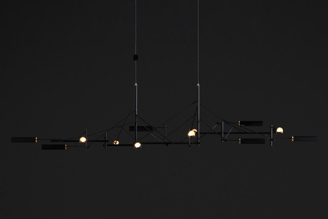 Moooi Tinkering 140 LED Suspension Lamp in Black Metal Frame with Brass Shades In New Condition For Sale In Brooklyn, NY