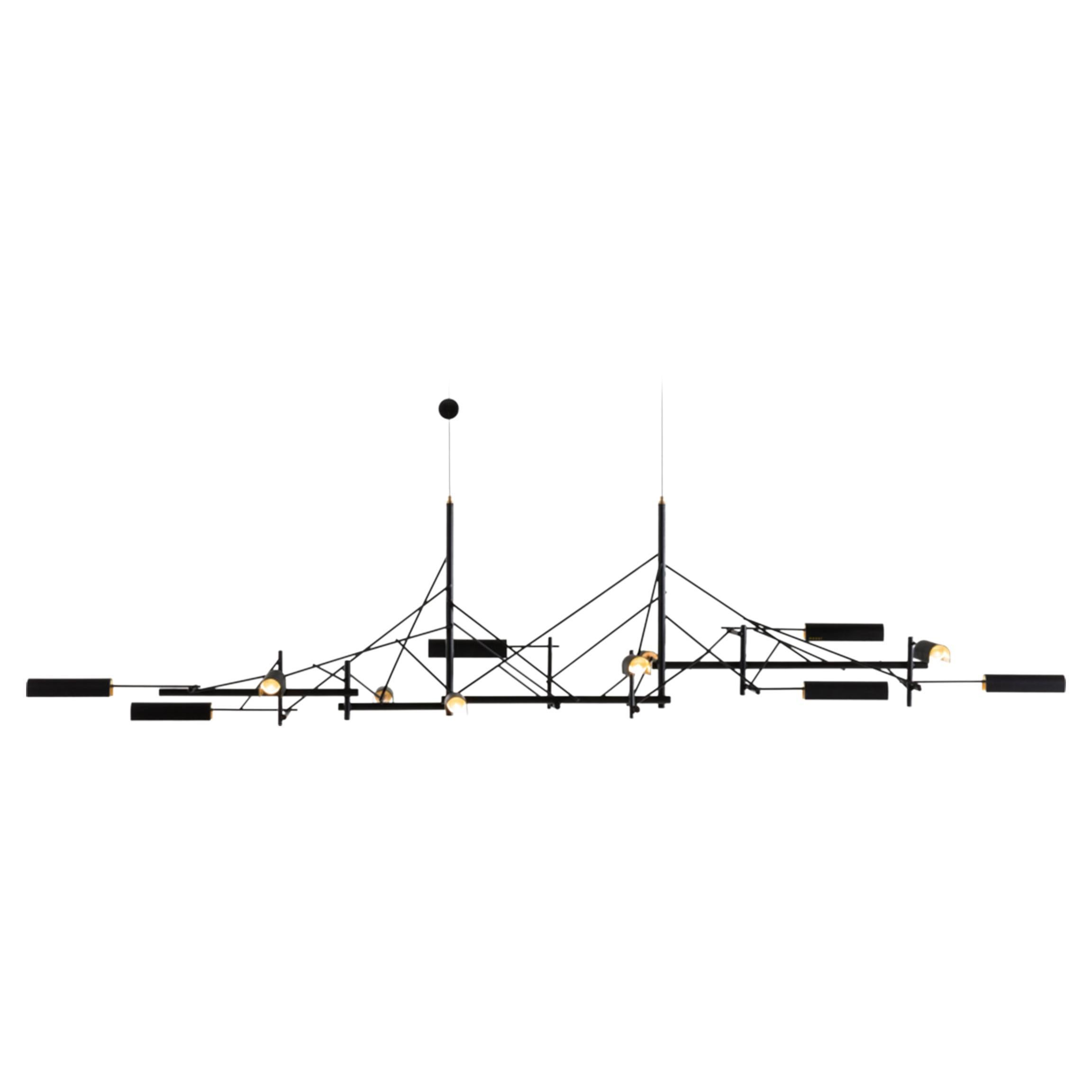 Moooi Tinkering 140 LED Suspension Lamp in Black Metal Frame with Brass Shades For Sale