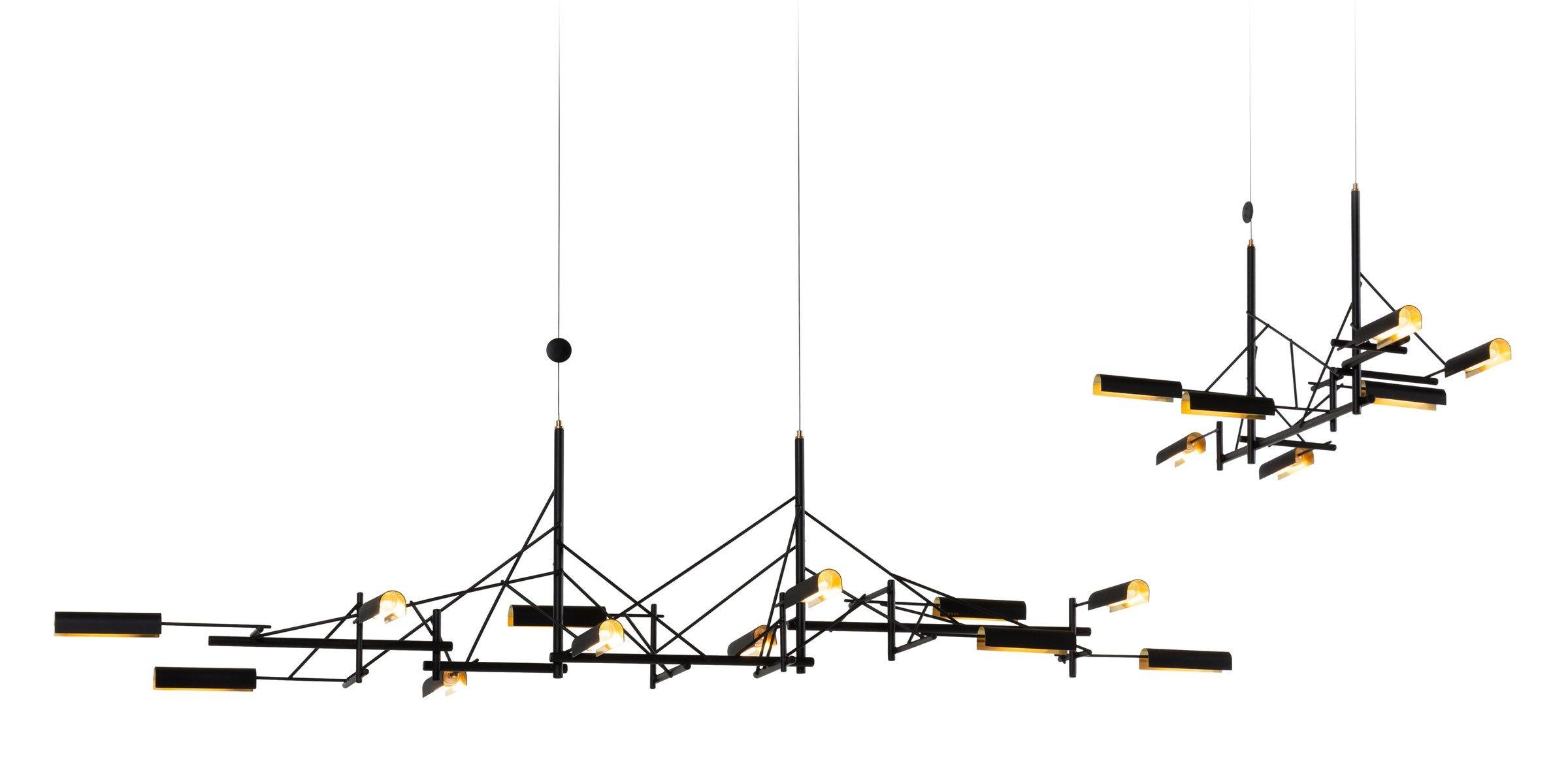 Modern Moooi Tinkering 85 LED Suspension Lamp in Black Metal Frame with Brass Shades For Sale