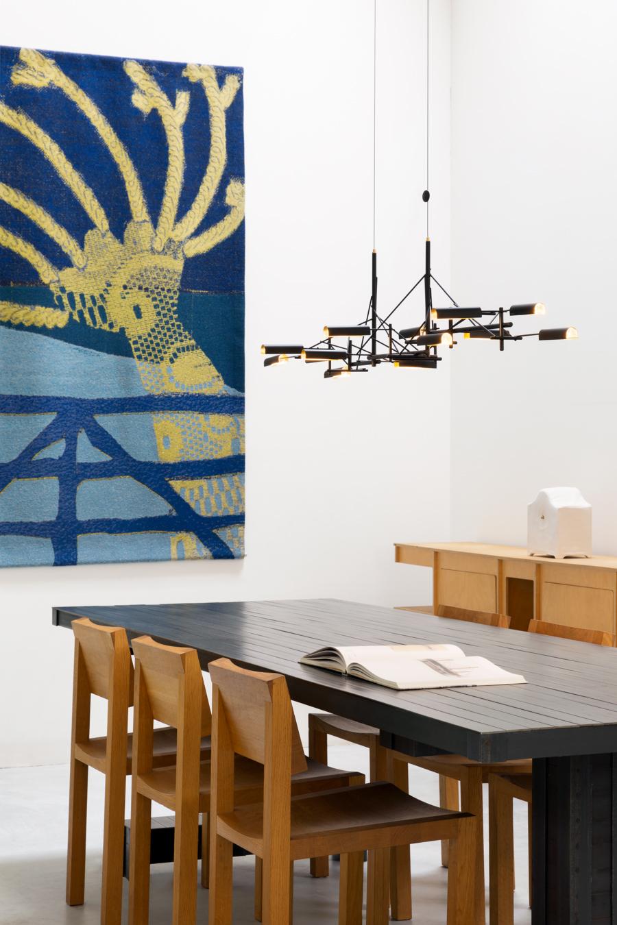 Dutch Moooi Tinkering 85 LED Suspension Lamp in Black Metal Frame with Brass Shades For Sale