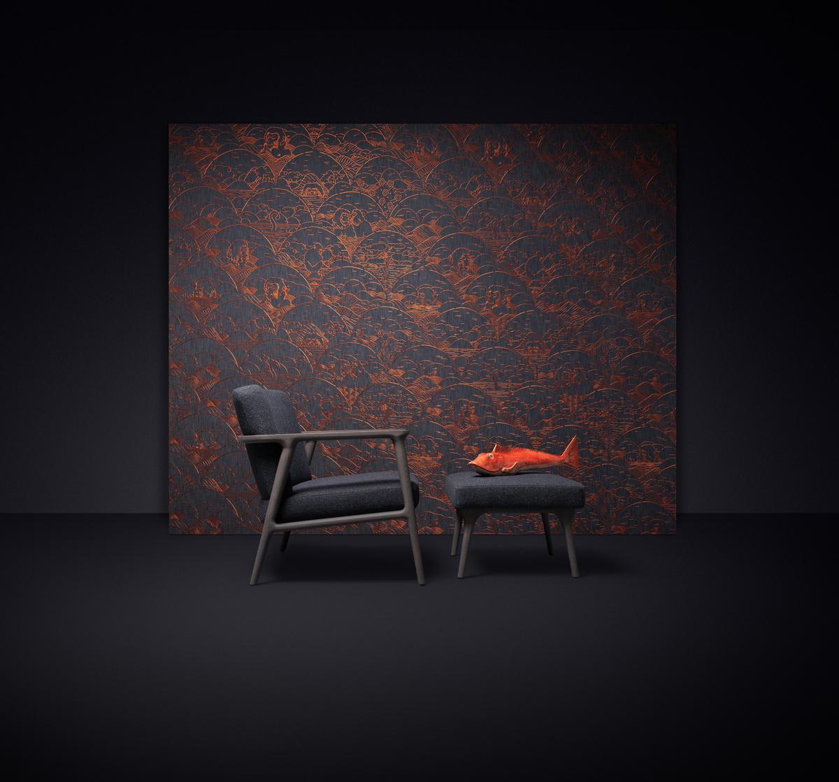 Tissu d'ameublement Chaise longue Moooi Zio avec tapisserie en jacquard calligraphié oiseau et cadre noir en vente