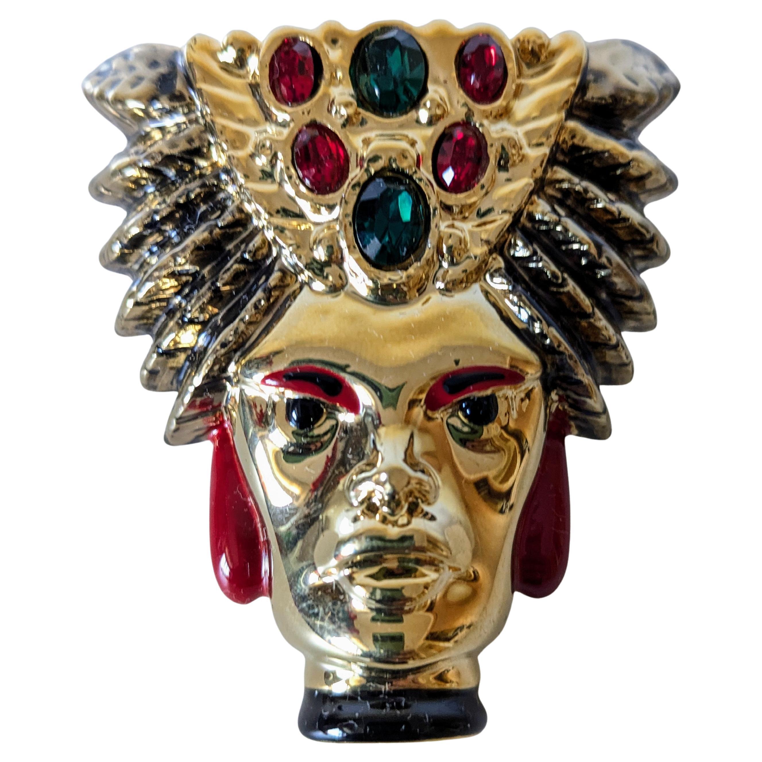Moor Of Venice Face Brooche in enamel paint and gold plated creation