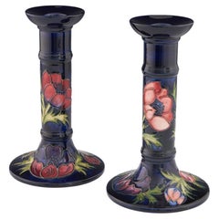 Vintage Moorcroft Anemone 'Blue Ground' Pair of Candlesticks, 1999