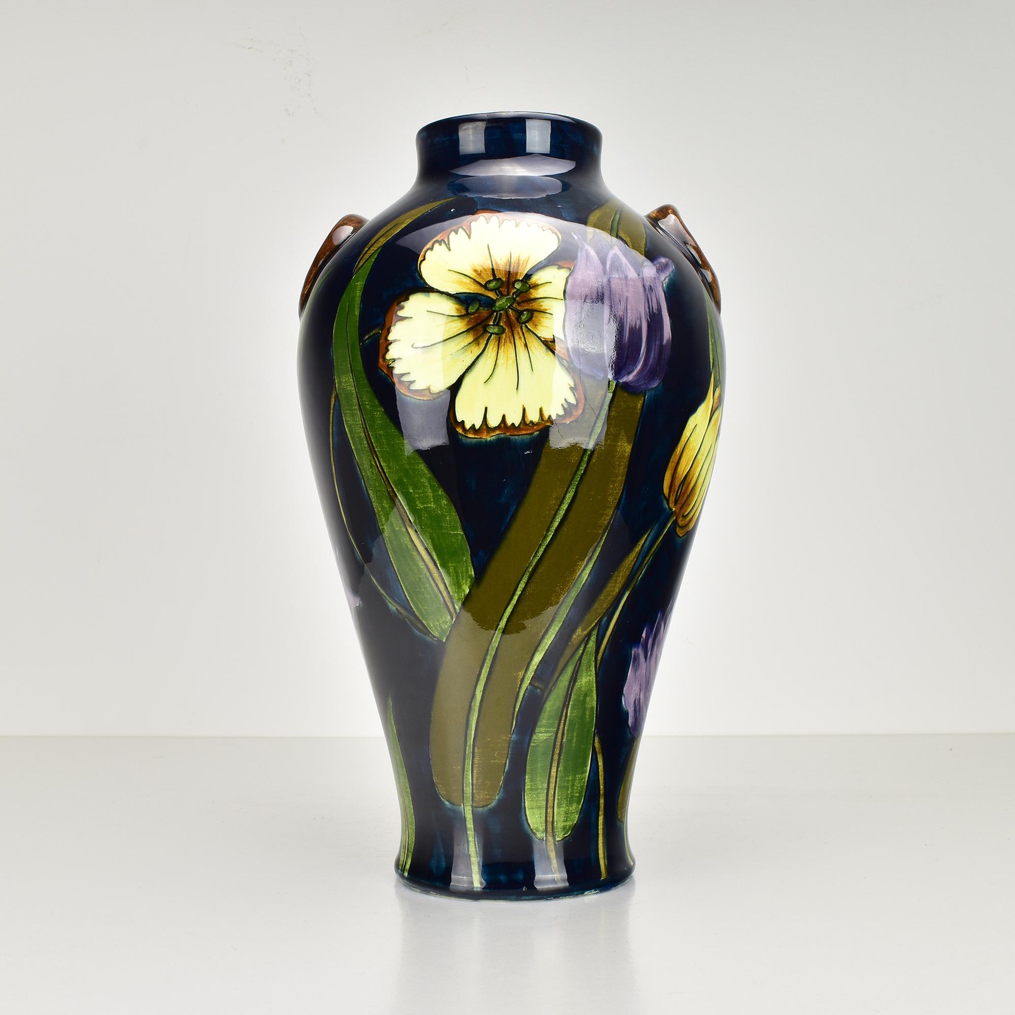 Glazed Ceramic Vase with Tulip Decor attributed to Moorcroft Art Nouveau Style For Sale
