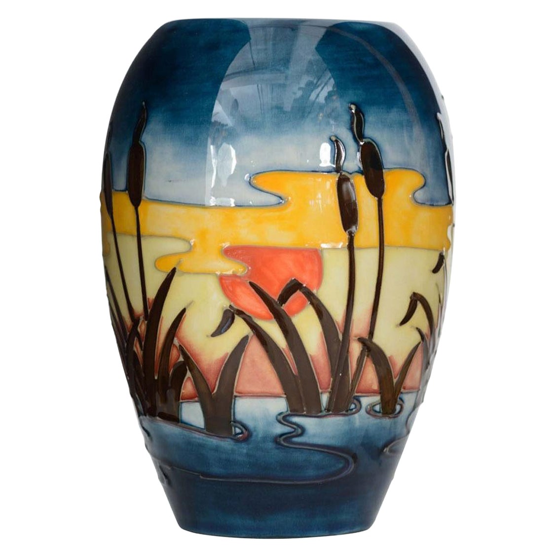 Moorcroft Ceramic Vase with Painted Sunset Scene For Sale