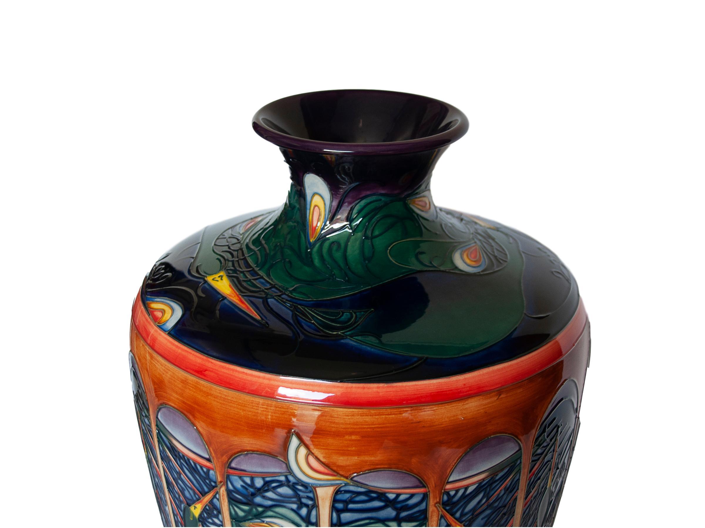 English Large Moorcroft Pottery 'Gatekeeper' Peacock Vase by Emma Bossons, Dated 2003