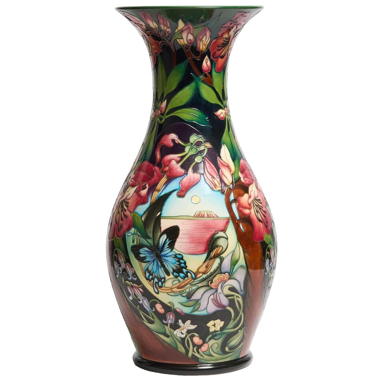 'Hidden Dreams' a Limited Edition Large Vase, 2005 of baluster form with flared rim, the design incorporates eight designs, with motifs including a Heron and frog, leaping fish, a butterfly, magnolia flowers, and Ayers Rock (Uluru), in vibrant
