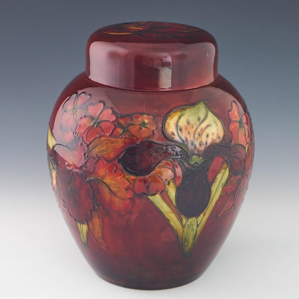English Moorcroft Pottery Large Flambe Orchid Ginger Jar, c1955 For Sale