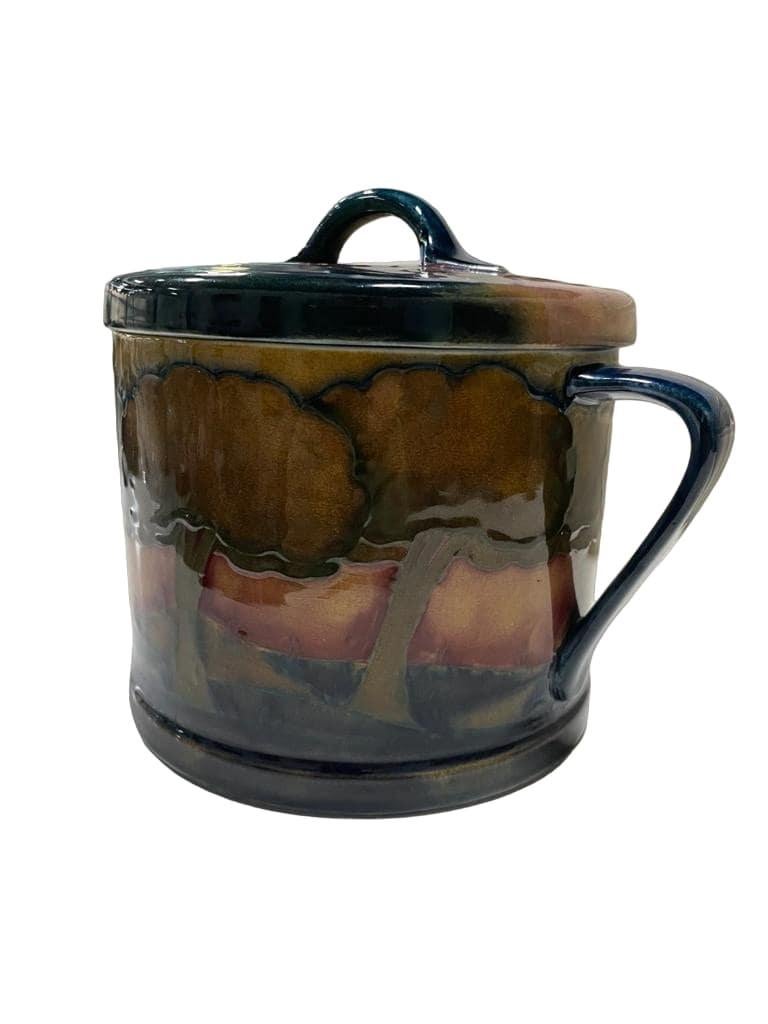 English MOORCROFT twin-handled Biscuit barrel and cover in EVENTIDE pattern circa 1925 For Sale