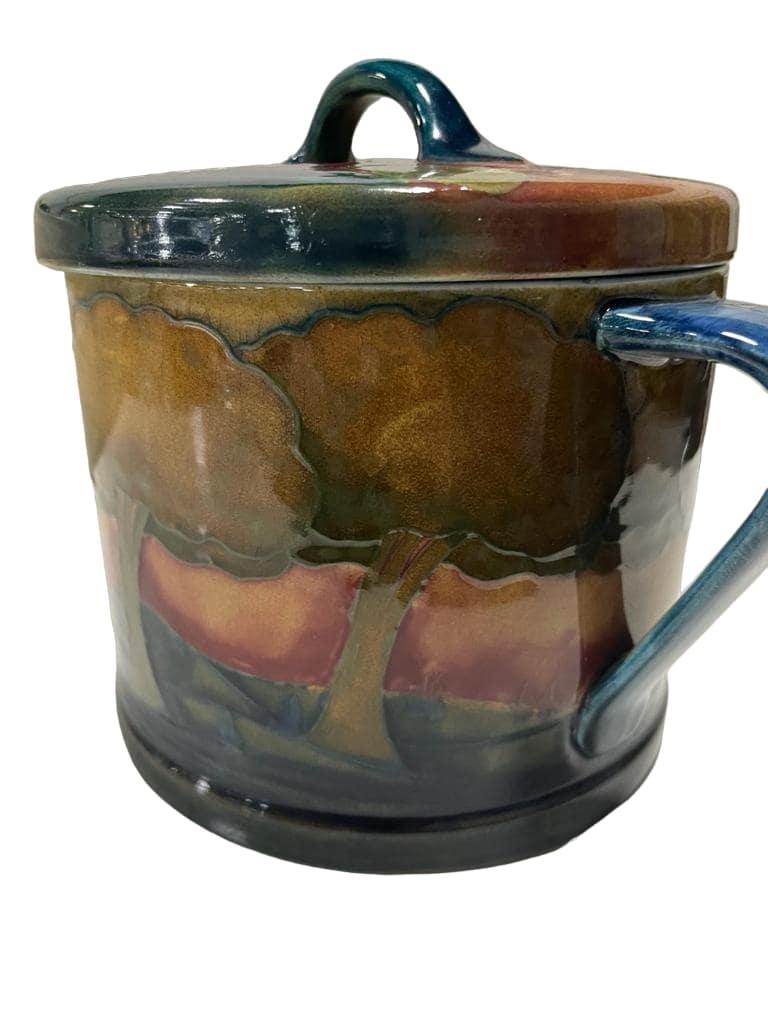 Glazed MOORCROFT twin-handled Biscuit barrel and cover in EVENTIDE pattern circa 1925 For Sale