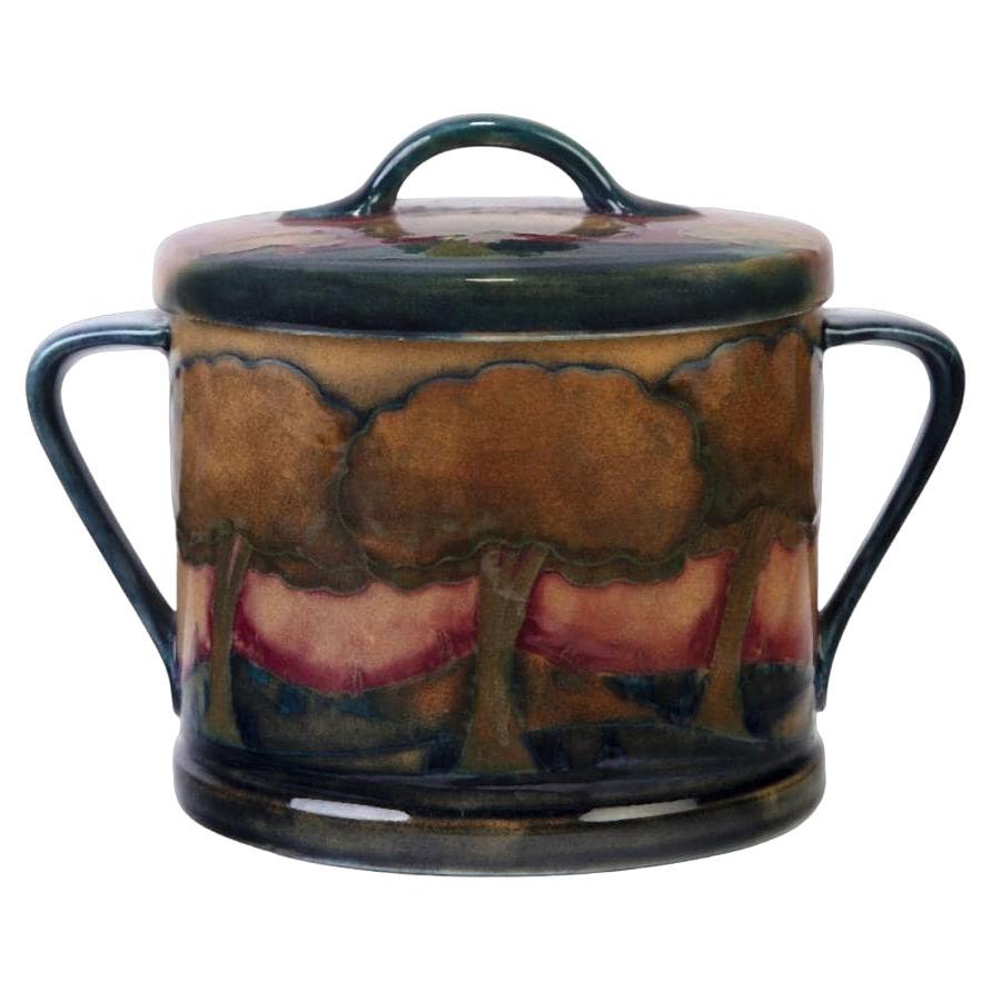 MOORCROFT twin-handled Biscuit barrel and cover in EVENTIDE pattern circa 1925 For Sale