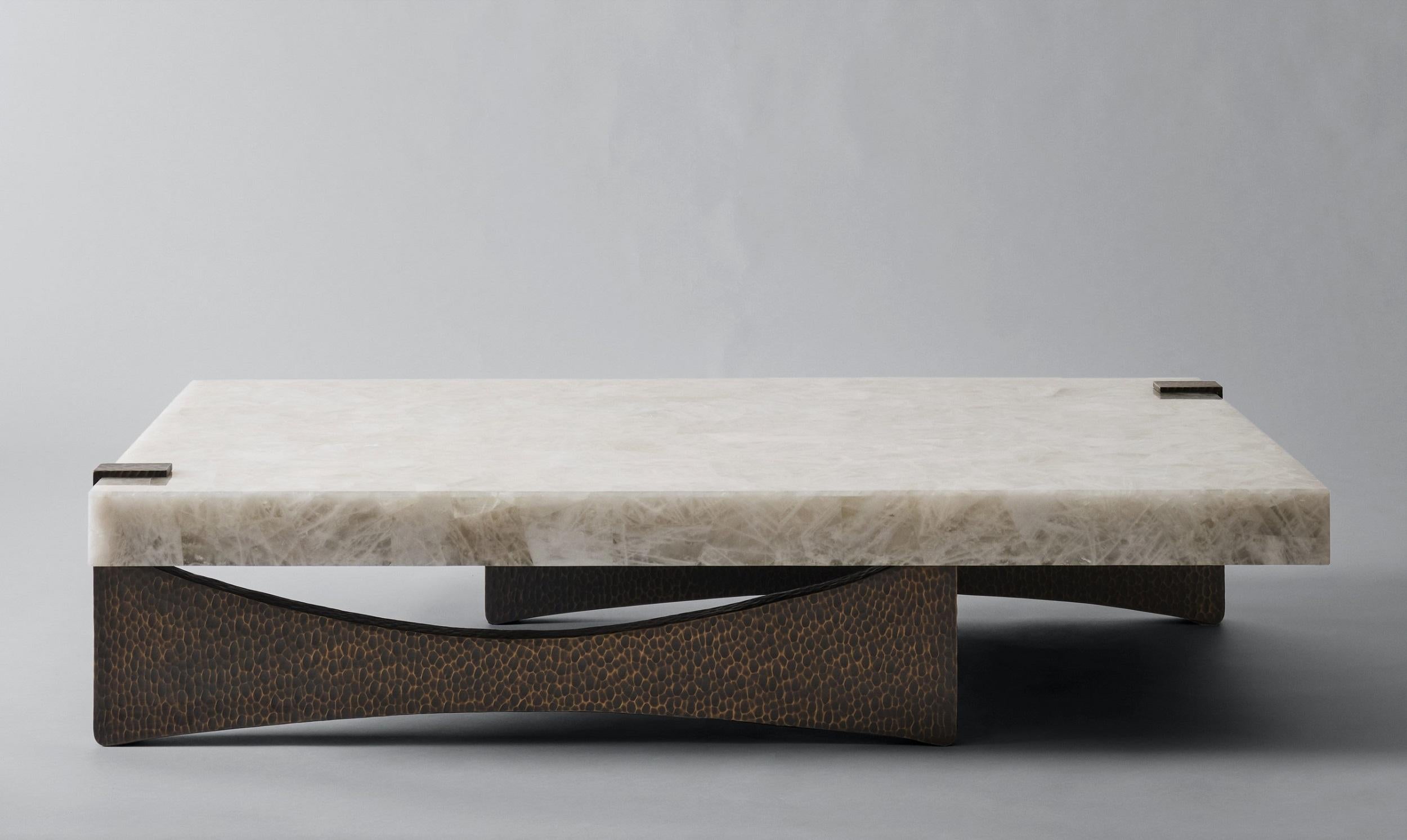 Brutalist Moore Coffee Table by DeMuro Das in White Quartz with Beaten Solid Brass Base For Sale