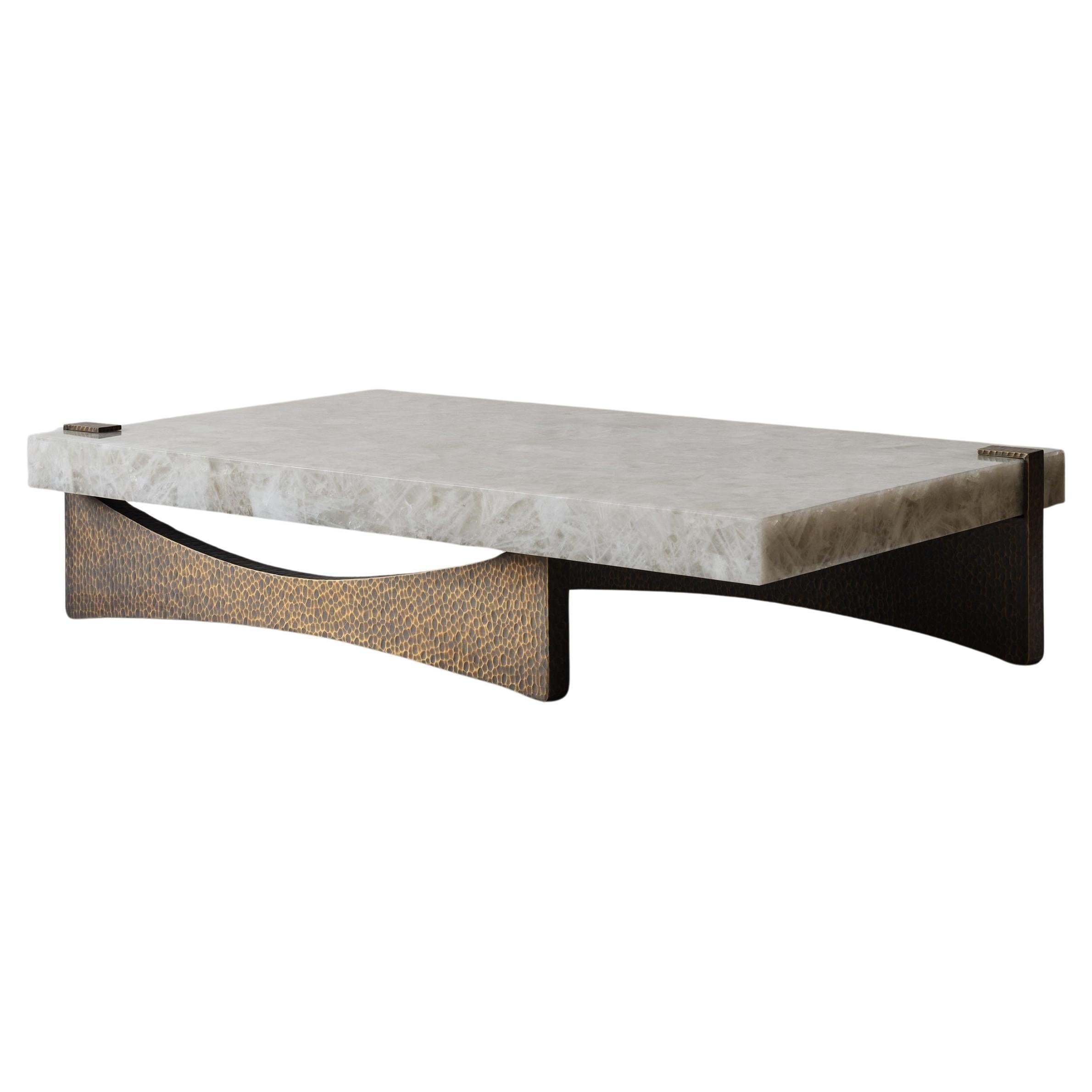 Moore Coffee Table by DeMuro Das in White Quartz with Beaten Solid Brass Base For Sale