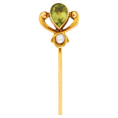 Moore Moore & Sohn Jugendstil Peridot Perle 14 Karat Gelbgold Anstecknadel