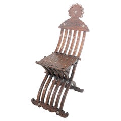 Moorish Folding Chair, Walnut Wood, Mother of Pearl Inlay, Egypt, 1880