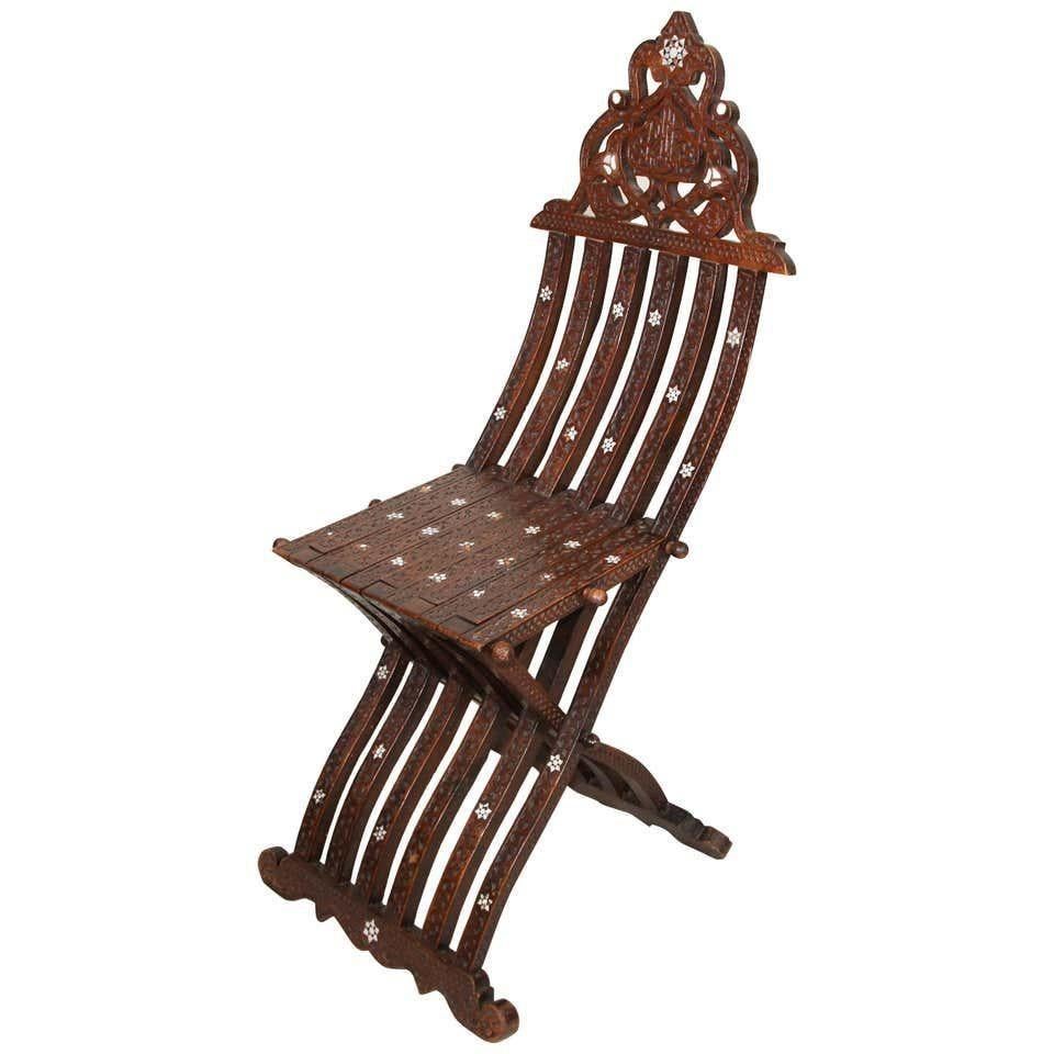 Moorish 19th Century Middle Eastern Inlaid Folding Chair For Sale 4
