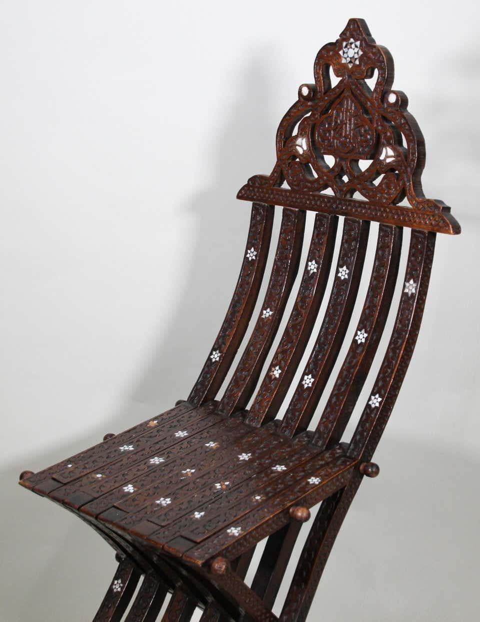 Asian Moorish 19th Century Middle Eastern Inlaid Folding Chair For Sale