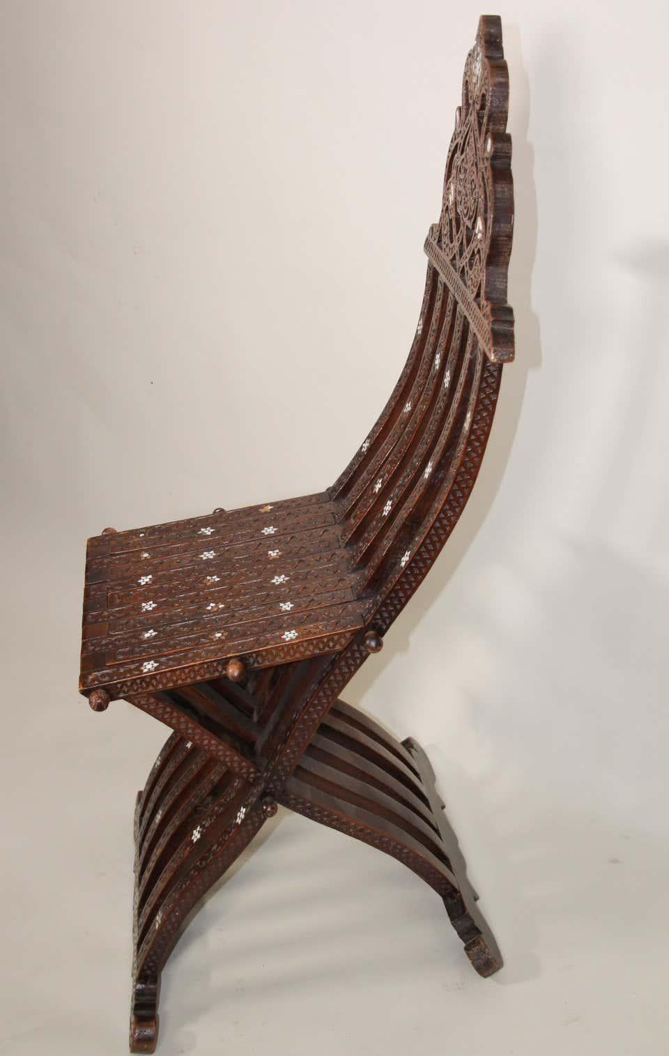 Moorish 19th Century Middle Eastern Inlaid Folding Chair For Sale 1