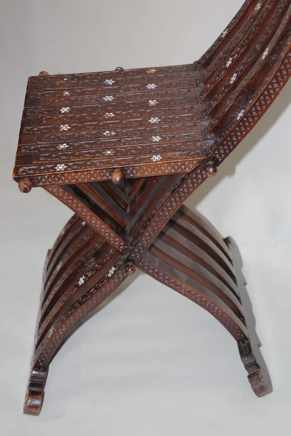 Moorish 19th Century Middle Eastern Inlaid Folding Chair For Sale 2