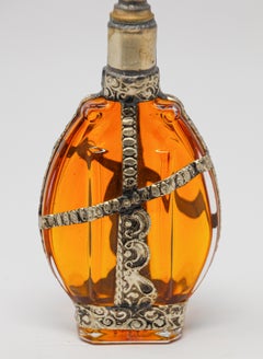 Moroccan Amber Glass Perfume Bottle with Moorish Silvered Metal Overlay