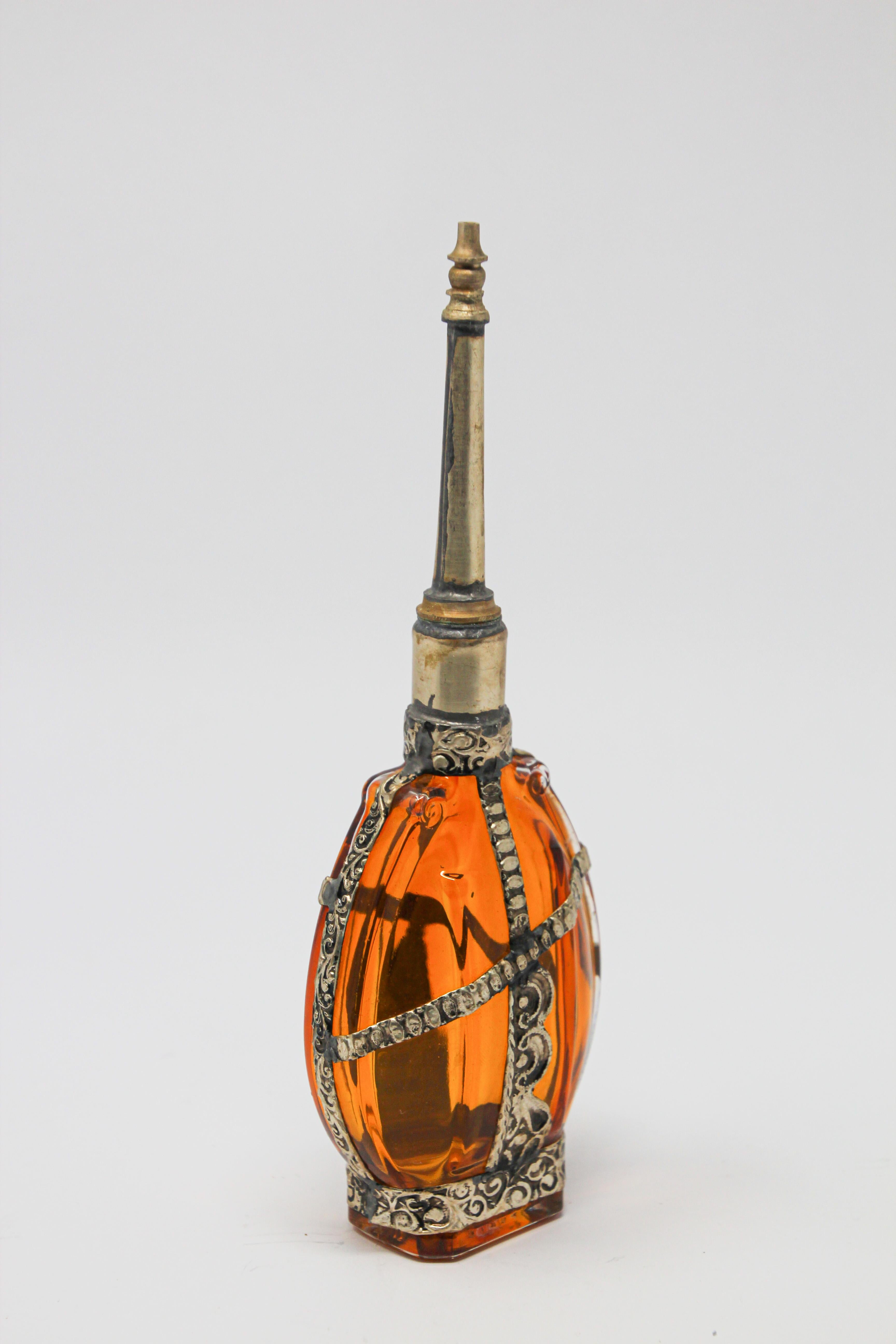 Moroccan Moorish Amber Glass Perfume Bottle Sprinkler with Embossed Metal Overlay For Sale