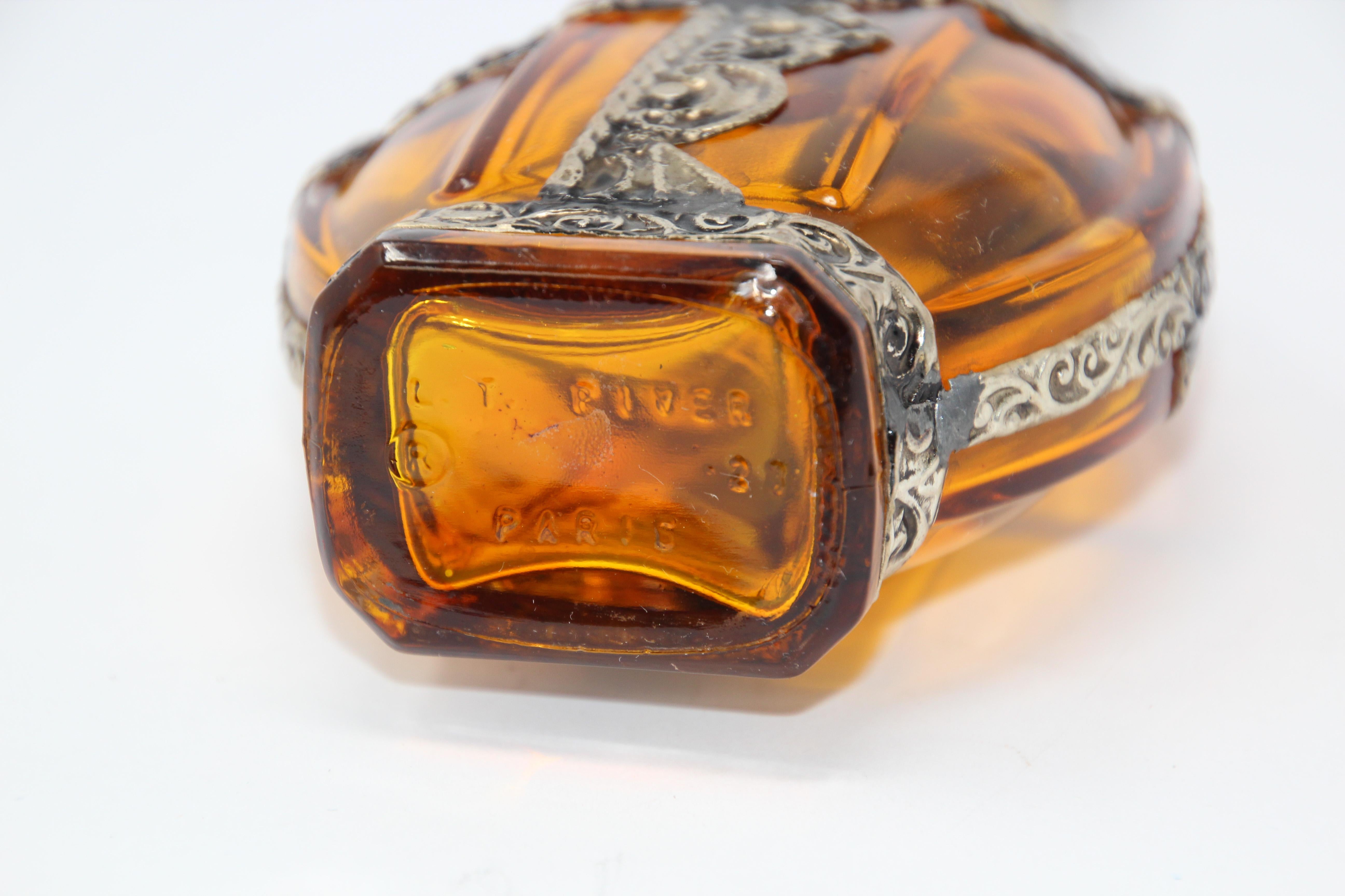 Hand-Crafted Moorish Amber Glass Perfume Bottle Sprinkler with Embossed Metal Overlay For Sale