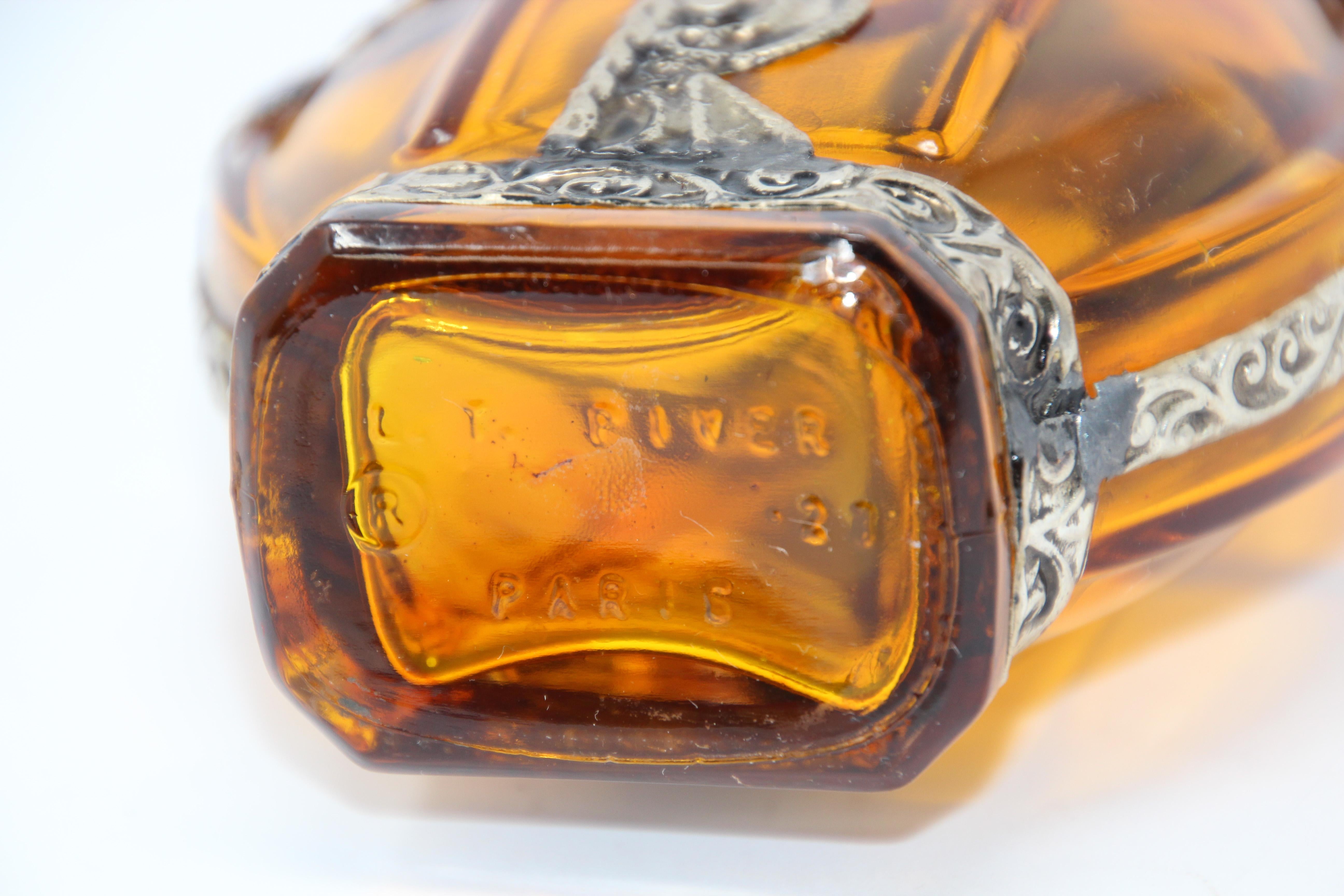 20th Century Moorish Amber Glass Perfume Bottle Sprinkler with Embossed Metal Overlay For Sale