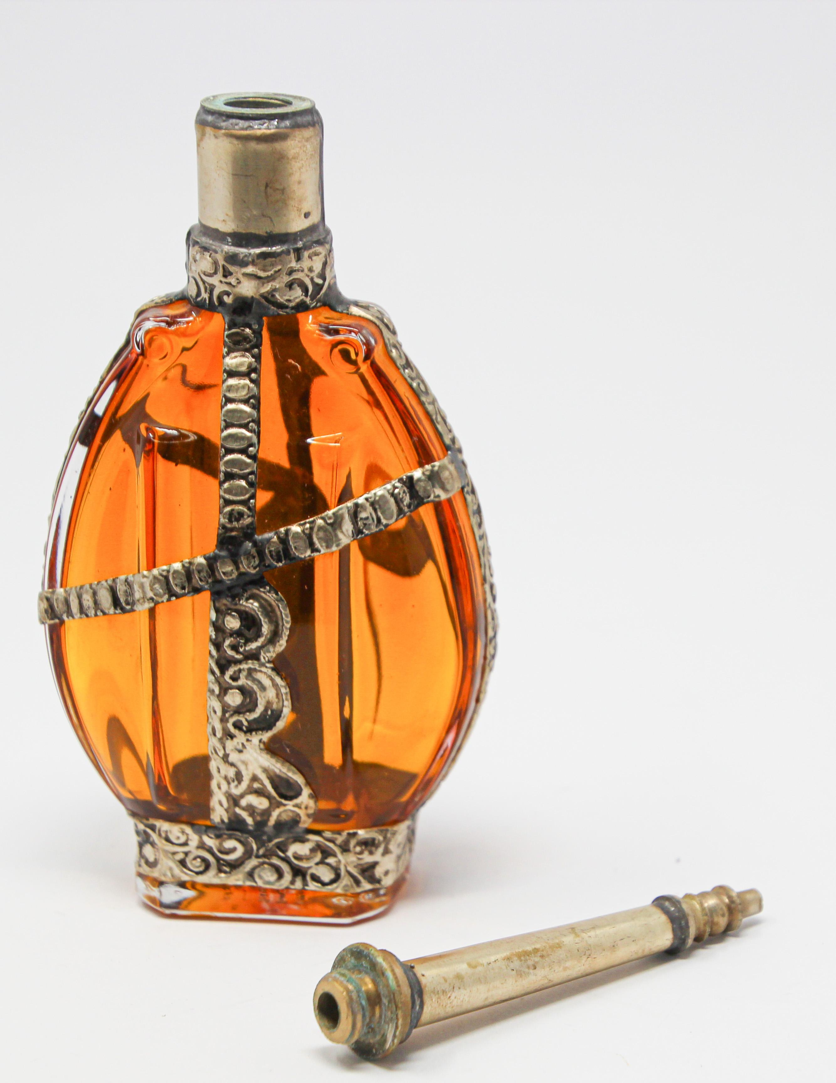 Moorish Amber Glass Perfume Bottle Sprinkler with Embossed Metal Overlay For Sale 1