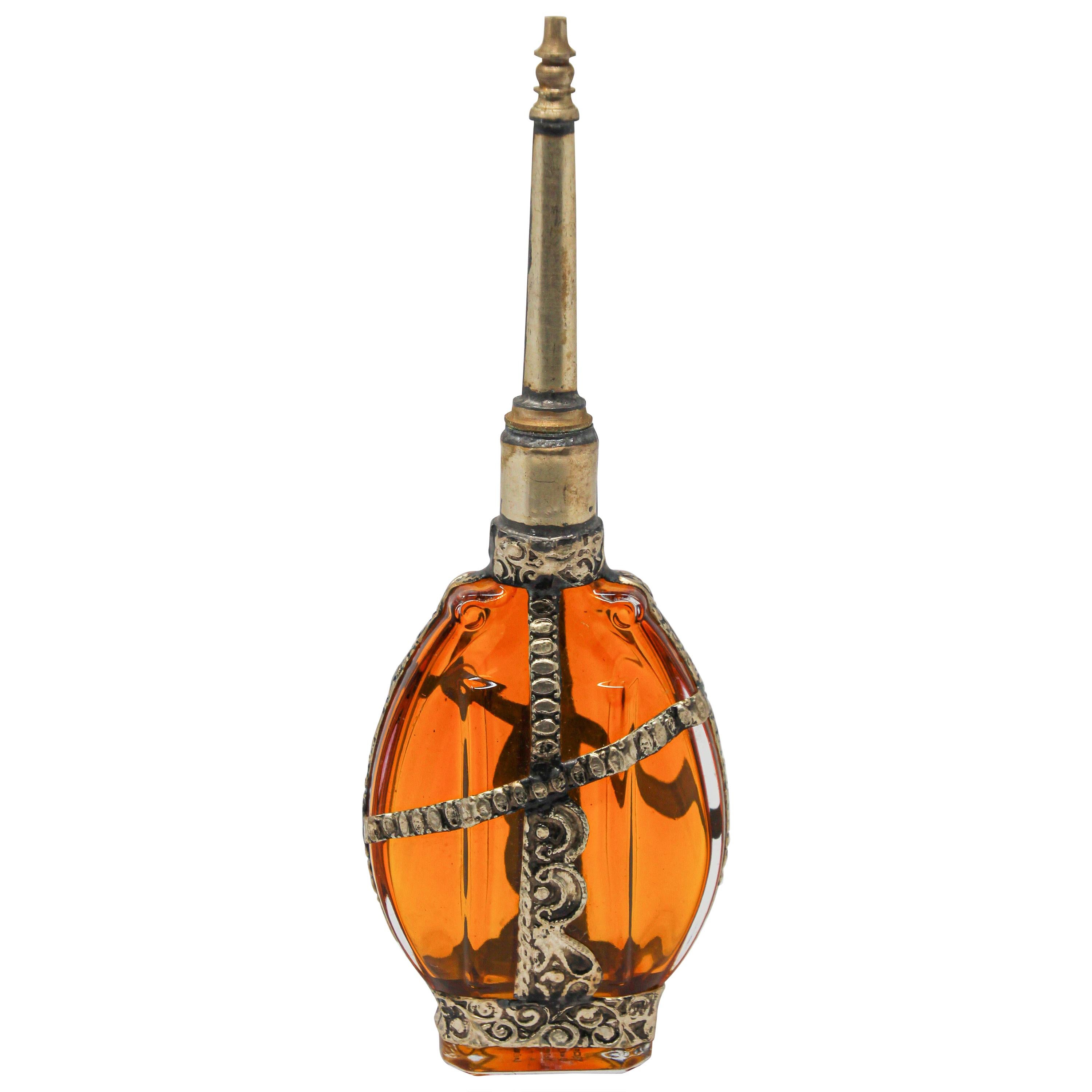 Moorish Amber Glass Perfume Bottle Sprinkler with Embossed Metal Overlay For Sale