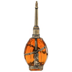 Moorish Amber Glass Perfume Bottle Sprinkler with Embossed Metal Overlay