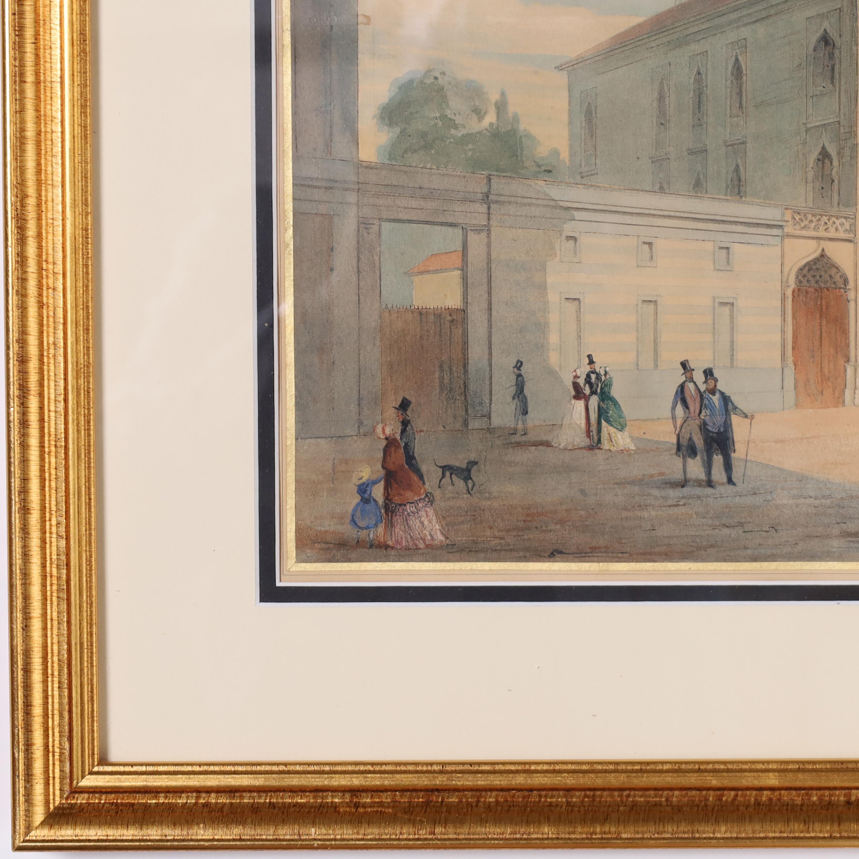Remarkable 19th century watercolor on paper depicting a sunny day in french Algeria with figures, horses and a dog in the distinctive architecture. Presented under glass in a gilt wood frame.