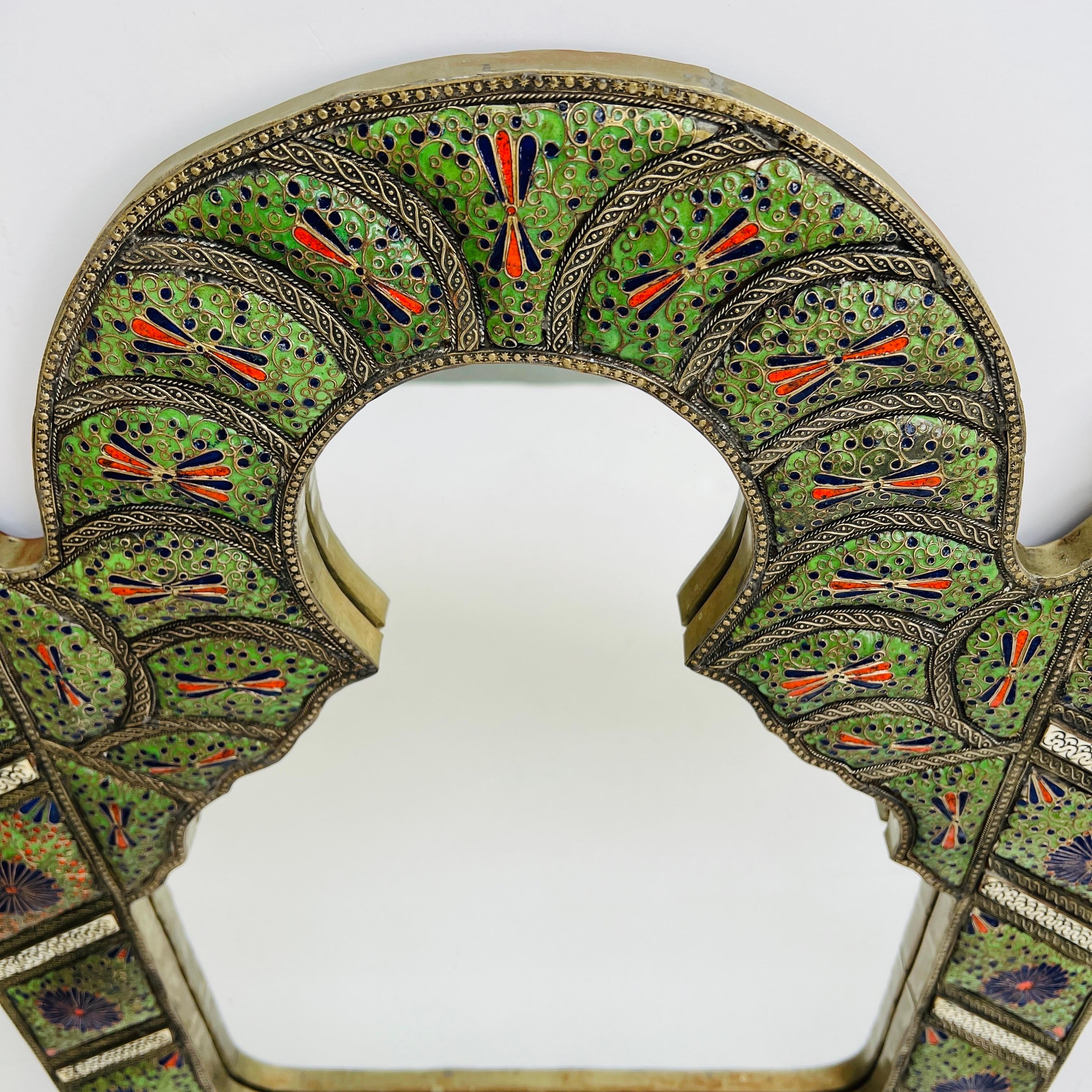 Moorish Arch Mirror in Enameled Cloisonné with Bone Inlays, Morocco c. 1950's For Sale 2