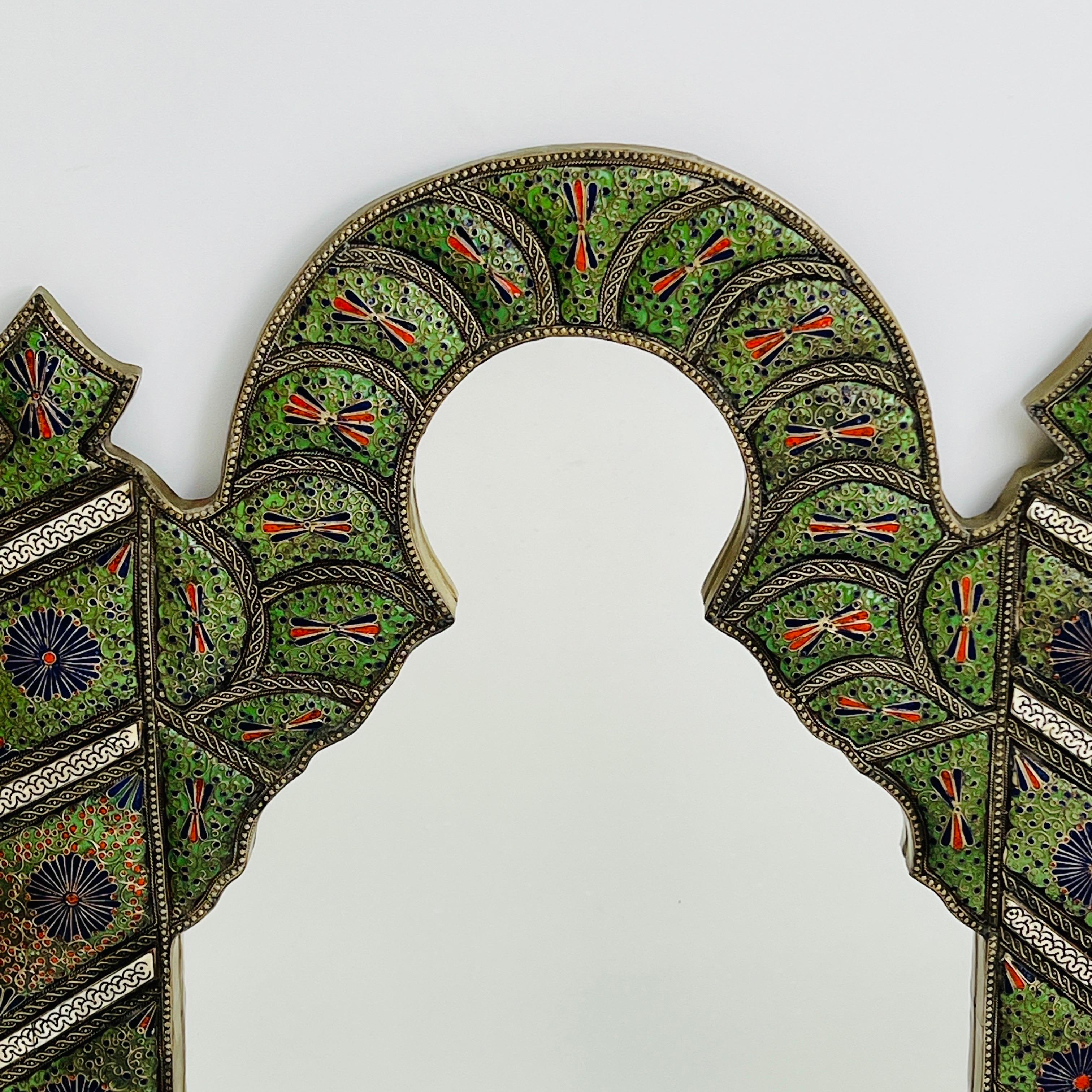 Moorish Arch Mirror in Enameled Cloisonné with Bone Inlays, Morocco c. 1950's For Sale 3