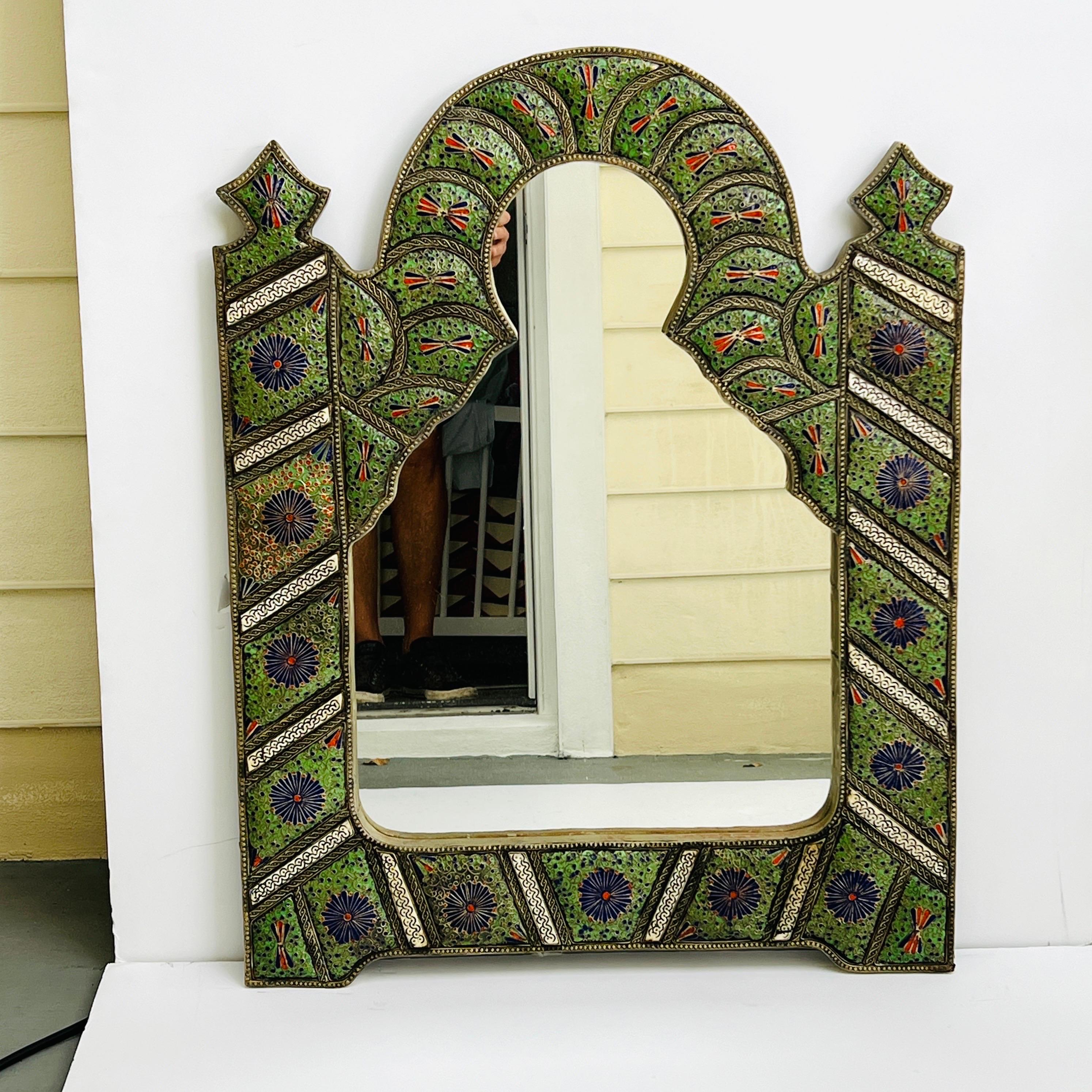 Moorish Arch Mirror in Enameled Cloisonné with Bone Inlays, Morocco c. 1950's For Sale 4