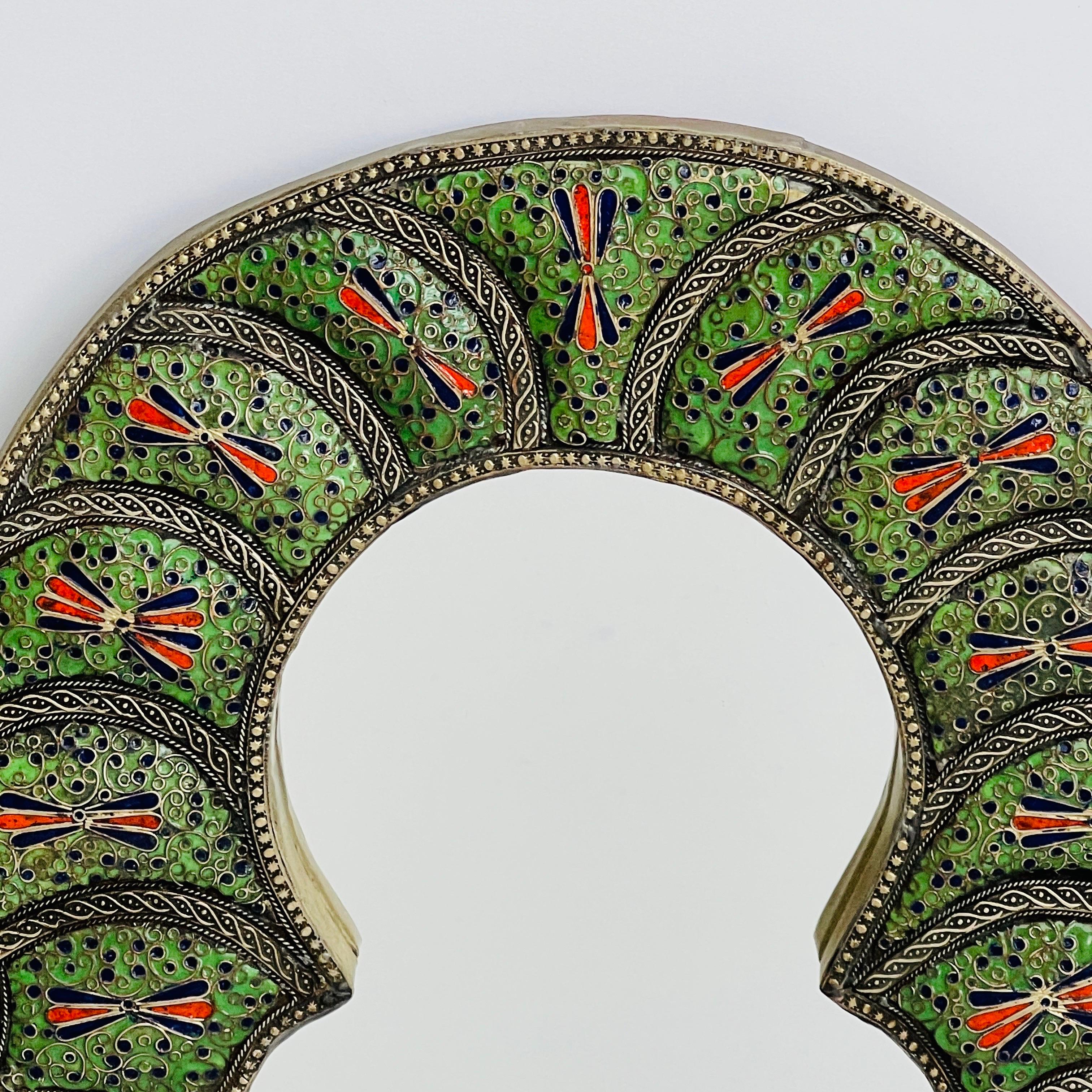 Mid-20th Century Moorish Arch Mirror in Enameled Cloisonné with Bone Inlays, Morocco c. 1950's For Sale
