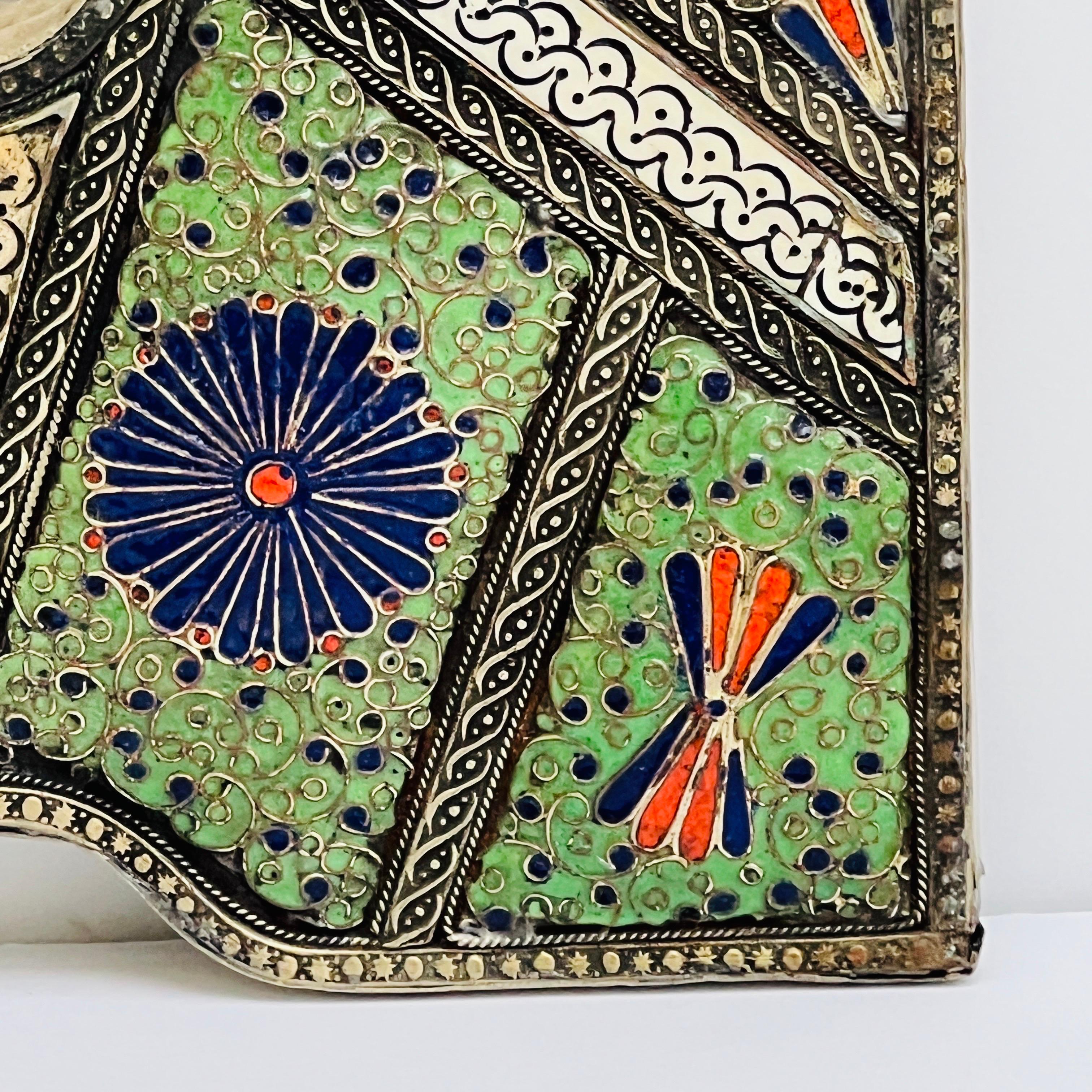 Metal Moorish Arch Mirror in Enameled Cloisonné with Bone Inlays, Morocco c. 1950's For Sale