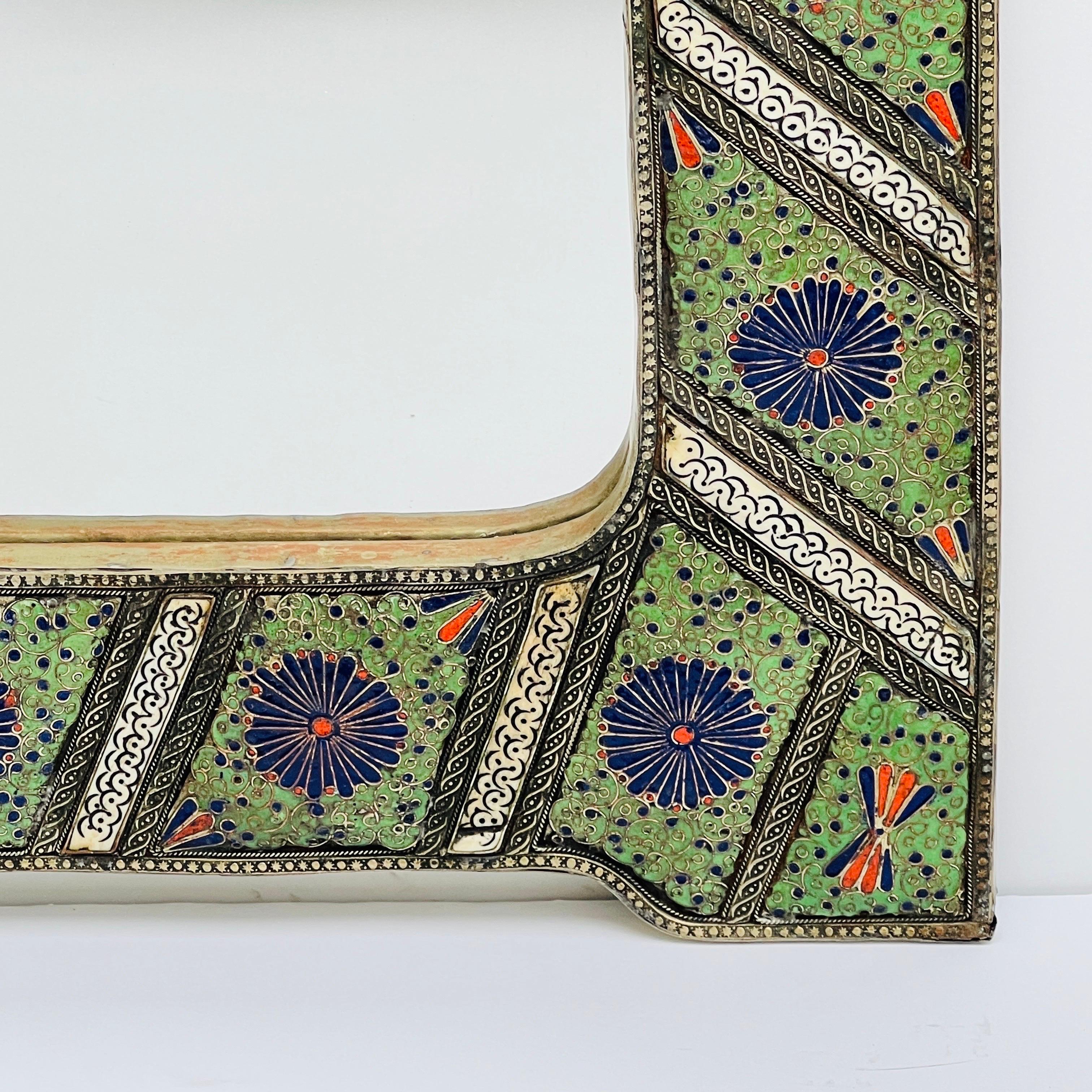 Moorish Arch Mirror in Enameled Cloisonné with Bone Inlays, Morocco c. 1950's For Sale 1