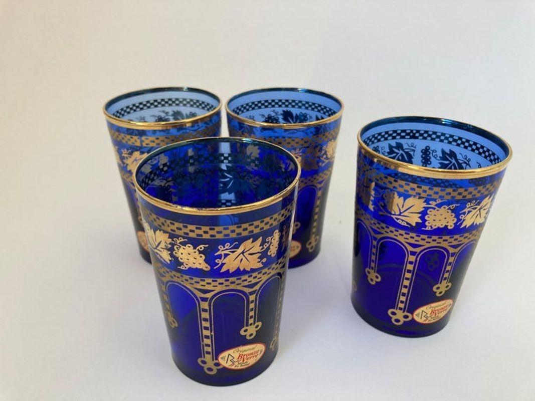 Moorish Blue and Gold Crystal Barware Italian Drinking Glasses Set of 4 6