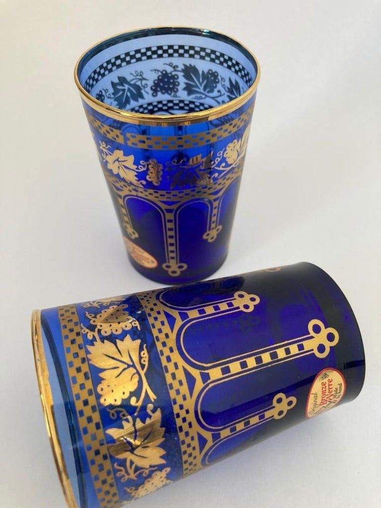 Moorish Blue and Gold Crystal Barware Italian Drinking Glasses Set of 4 For Sale at 1stDibs