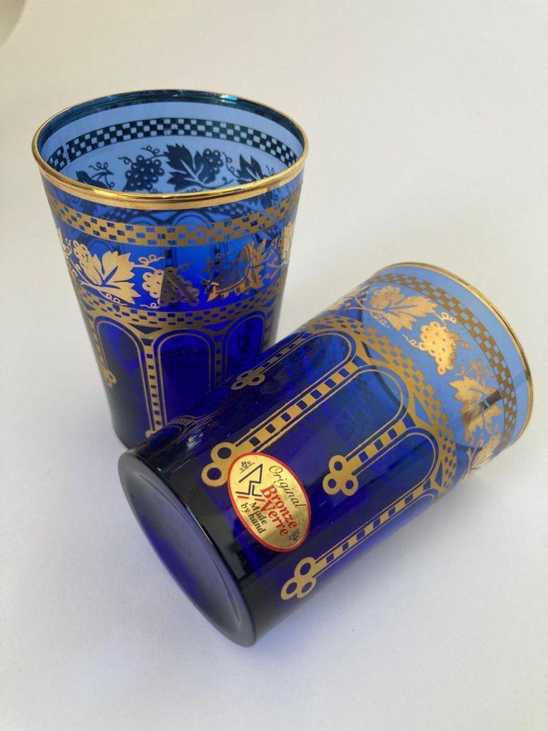 Moorish Blue and Gold Crystal Barware Italian Drinking Glasses Set of 4 16