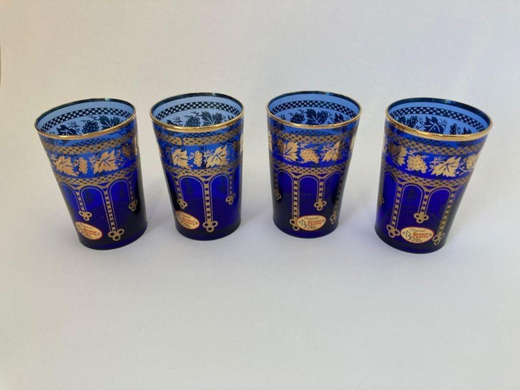 Moorish Blue and Gold Crystal Barware Italian Drinking Glasses Set of 4 In Good Condition For Sale In North Hollywood, CA